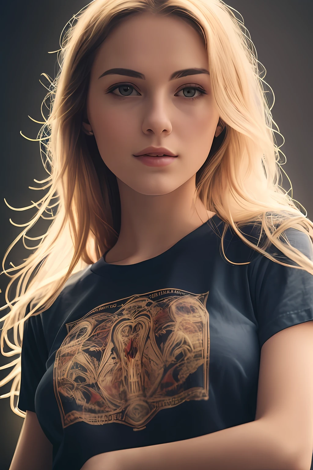 masterpiece, best quality, cinematic photo,  anatomically correct,
digital artwork illustration ,
innocent 20yo  woman, pale skin,
polish,
pronounced feminine features,
(stretching),
t-shirt,
straight blonde hair,
large breasts,


(cosmic background),
dark illustration style,
(8k, dynamic composition, photorealistic, sharp focus), elaborate background, cinematic, rule of thirds,
backlight,

film grain,
intricate details,
fine details,