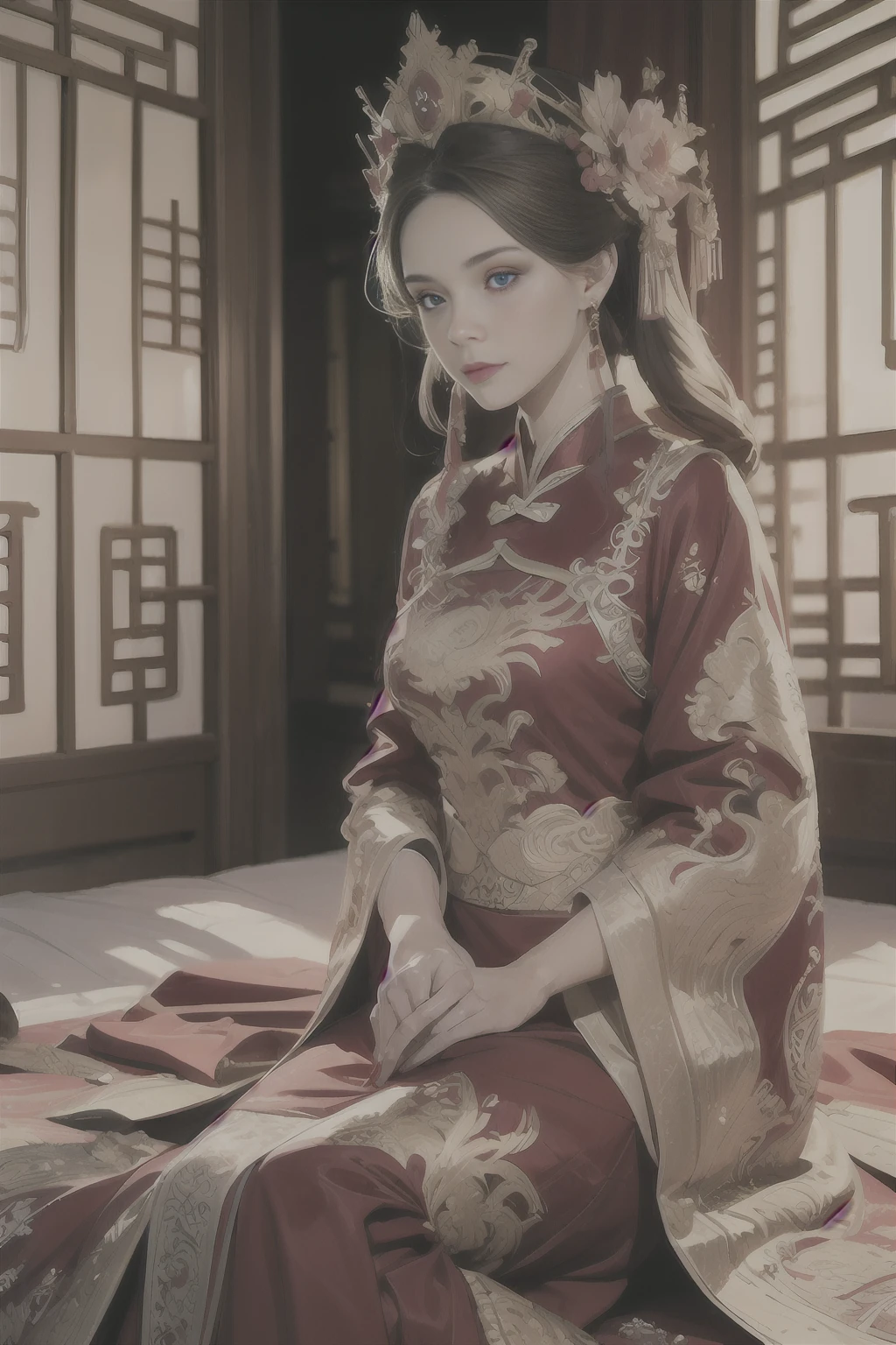 (ultra realistic 8k CG:1.2),perfect artwork,delicate pattern,intricate detail, (unparalleled masterpiece,best quality:1.2),(extremely intricate:1.2),a woman in a red and gold dress, Phoenix crown,hair stick,(sitting on red bed),Cosmetic,blush,shy,black_hair, looking down, Cosmetic,(forehead dot),(2 red candles), chinese_clothes, curtains, earrings, hair_ornament, hanfu, indoors, jewelry, red nails, long_sleeves, red dress, red lips, tassel, (Red quilt),(red palace:1.2),(ancient Chinese architecture),(red:1.8),night,cinamtic lighting,dark,