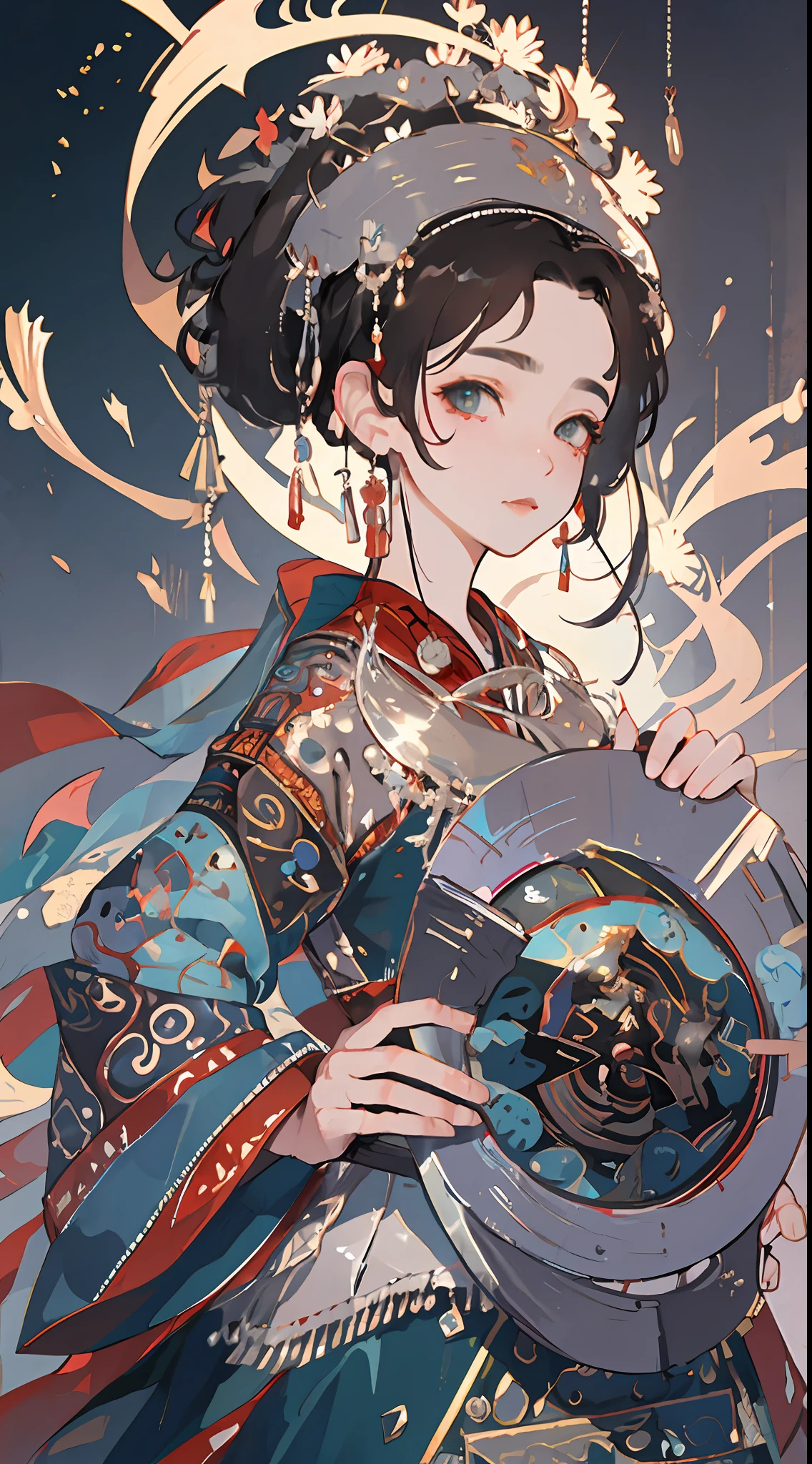 an illustration of a woman in traditional chinese costume, in the style of anime aesthetic, 32k uhd, blink-and-you-miss-it detail, beautiful, anime-inspired characters, beige and aquamarine, close-up,