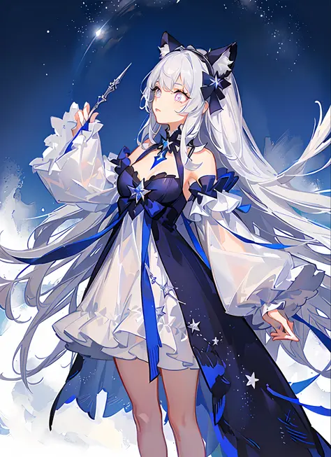 Upper body female long hair white hair purple pupils white clothes animal ears star eyes looking up Holding a spear