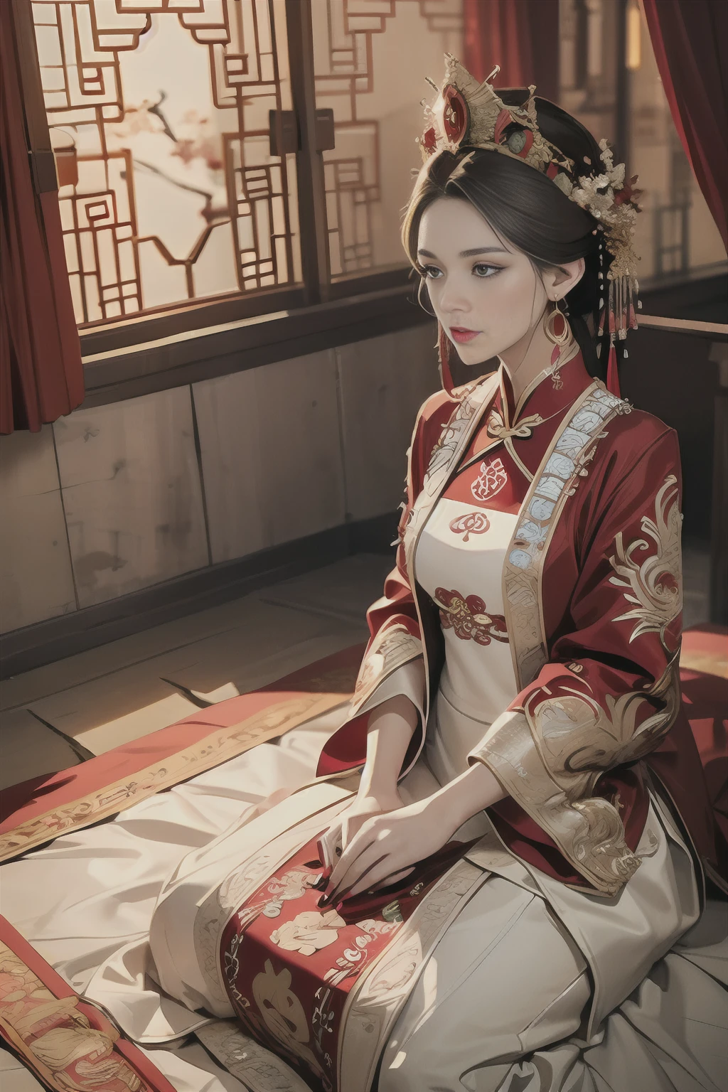 (ultra realistic 8k CG:1.2),perfect artwork,delicate pattern,intricate detail, (unparalleled masterpiece,best quality:1.2),(extremely intricate:1.2),a woman in a red and gold dress, Phoenix crown,hair stick,(sitting on red bed),Cosmetic,blush,shy,black_hair, looking down, Cosmetic,(forehead dot),(2 red candles), chinese_clothes, curtains, earrings, hair_ornament, hanfu, indoors, jewelry, red nails, long_sleeves, red dress, red lips, tassel, (Red quilt),(red palace:1.2),(ancient Chinese architecture),(red:1.8),night,cinamtic lighting,dark,