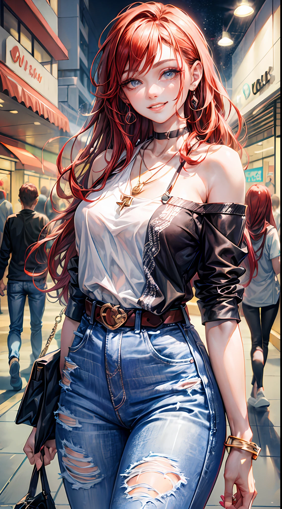 (masterpiece:1.2), (best quality:1.2), perfect eyes, perfect face, perfect lighting, 1girl, mature female, smiling, long red hair, straight hair, sophisticated haircut, stylish, single bare shoulder shirt long, music band print, jewelry, necklace, earrings, armlets, lacey choker, belt, low cut black jeans, thick eyelashes, makeup, eyeshadow, detailed mall background, crowd