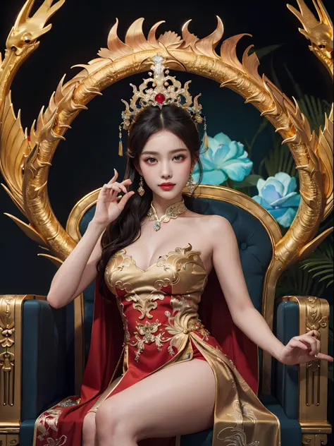A Chinese girl sitting on a throne, a throne encrusted with precious stones, surrounded by Chinese phoenix beasts, gold and ruby color, unique monster illustration, Dau al set, high resolution, a painting, dense composition, playful repetition, precious st...
