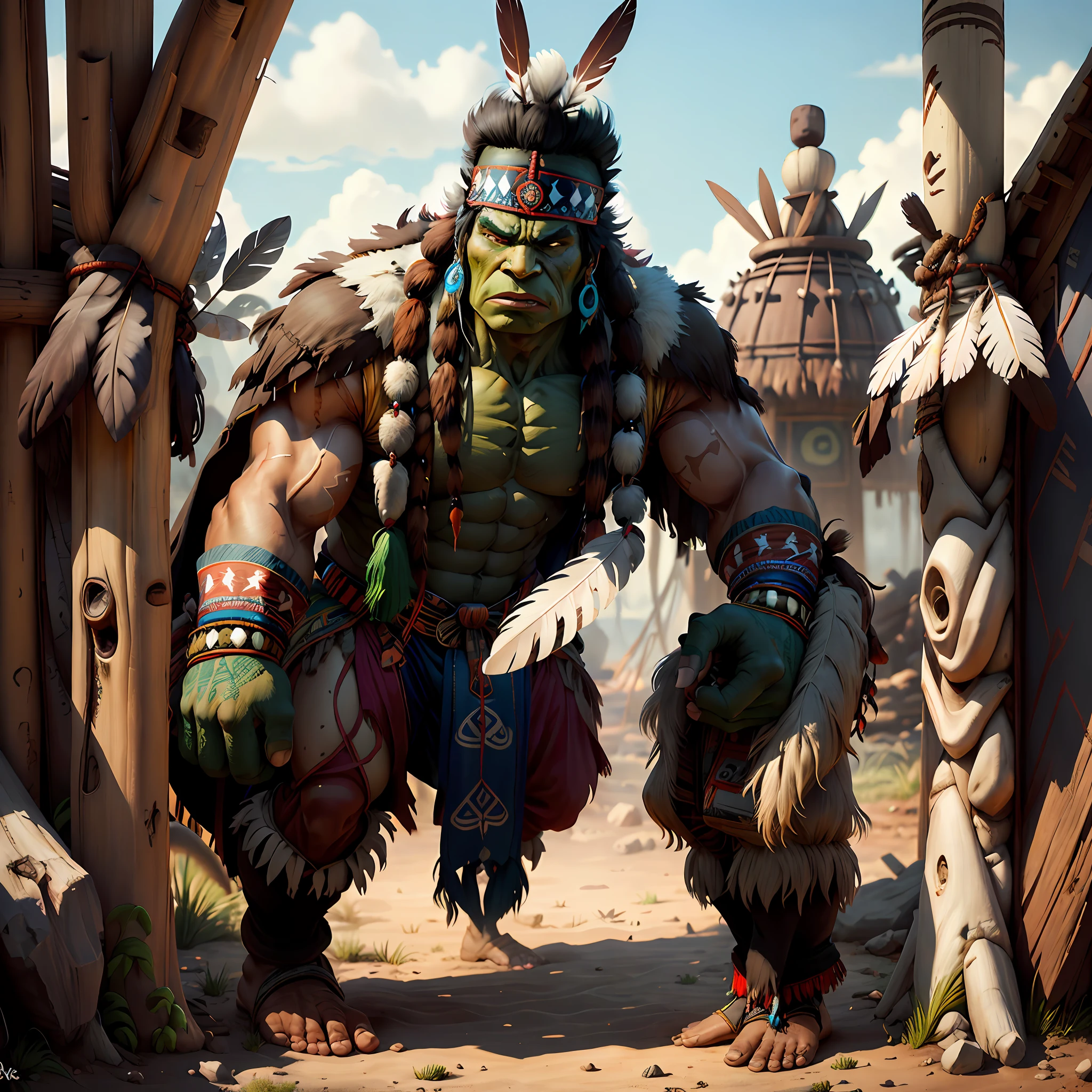 Hulk as totempunkai shaman wearing a feather headdress, highly detailed eyes, brown eyes, standing front camp