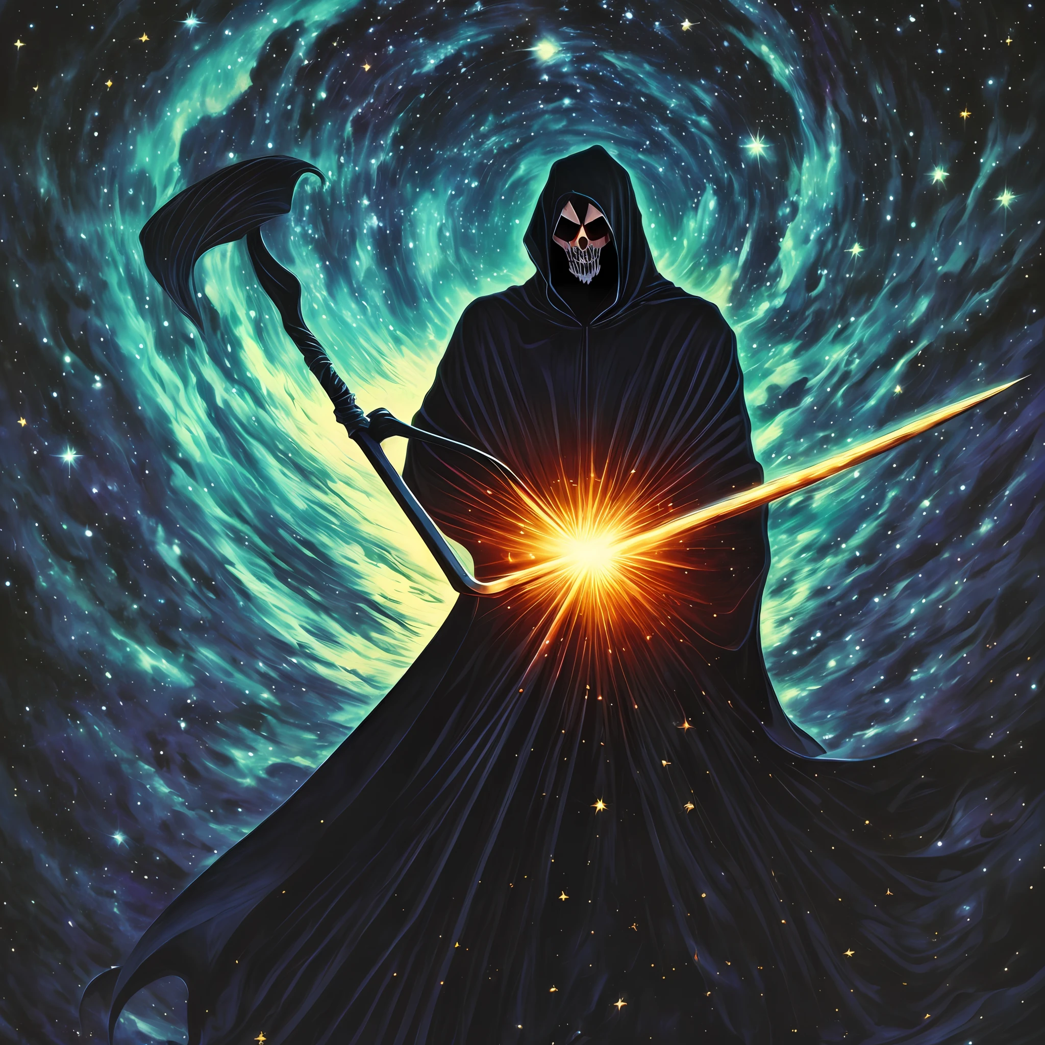 Under the deep cosmic starry sky，The black-cloaked Grim Reaper holds a shiny scythe，Sharp gazes scanned around in the background of different dimensions，The intense dark atmosphere is filled with deep-sea horror，It's chilling。