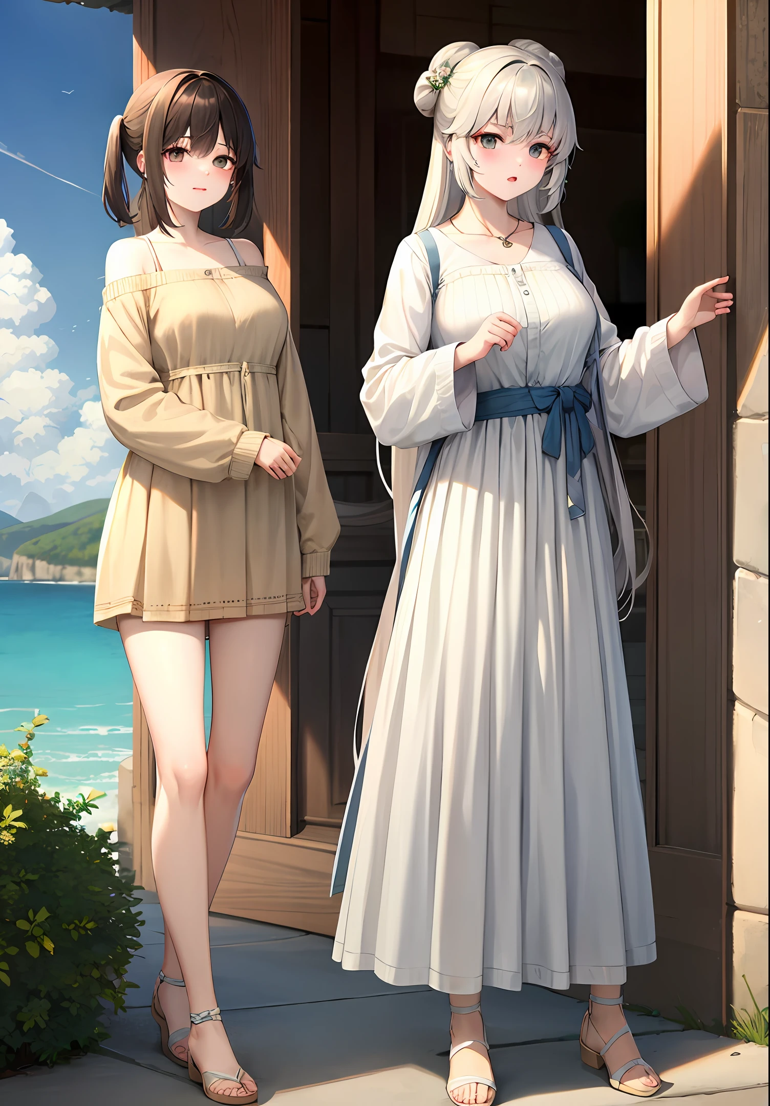 Anime characters standing in front of a door with a beach in the background  - SeaArt AI