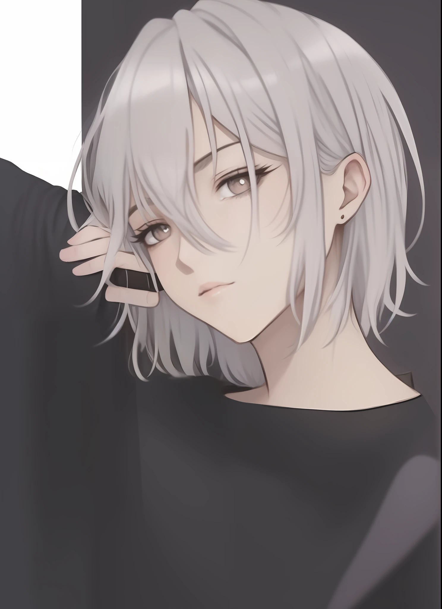 anime girl with white hair and black shirt holding his hand on his head, ela tem cabelos grisalhos escuros, uma louca de cabelos prateados, cabelos prateados, cabelos brancos, cabelos grisalhos, divindade de cabelos brancos, cabelos brancos, personagem de anime feminino, jovem mulher de anime, Discord PFP