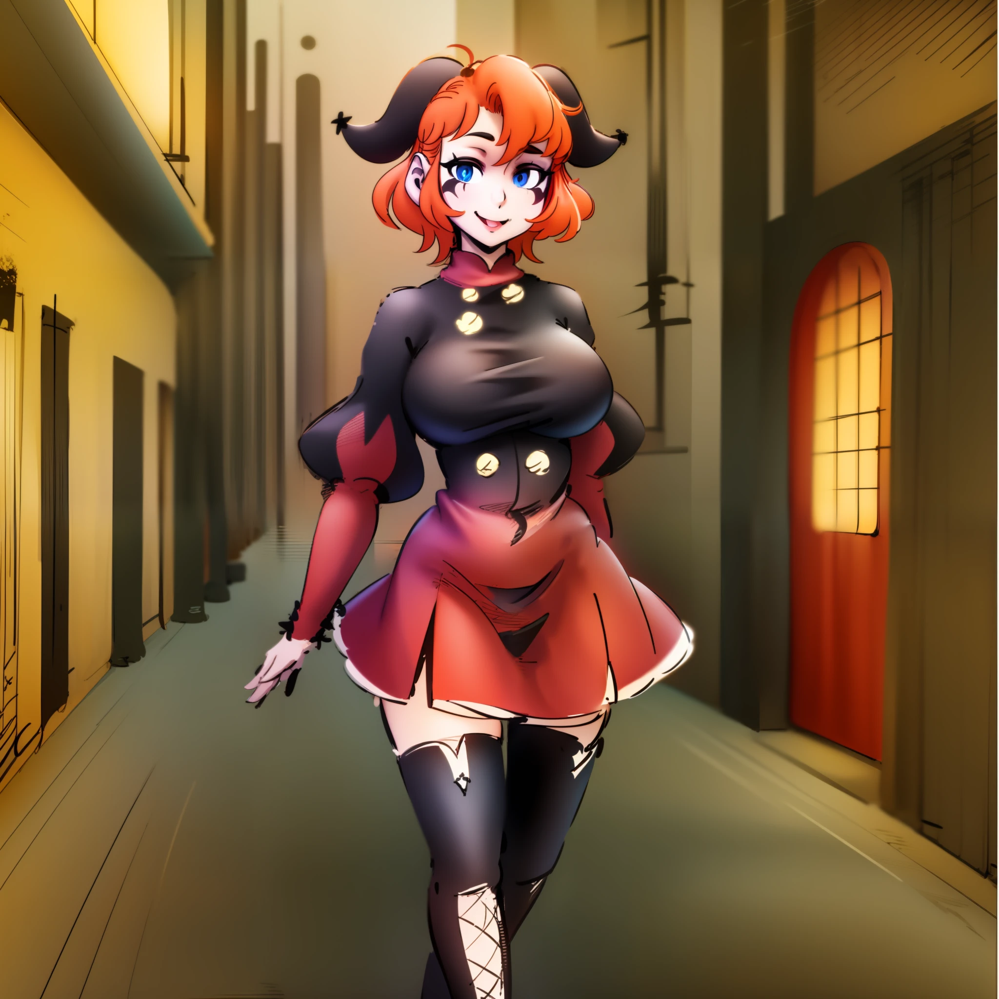 jester, bimbo, boots, jester cloths, medium breast,orange hair, maske, alone,walking