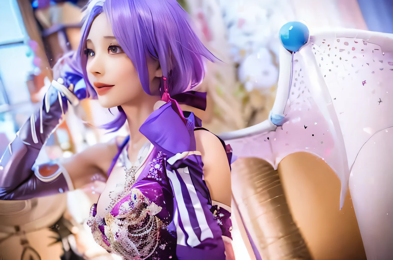 purple haired woman in purple outfit posing in a room, Anime girl cosplay, Anime cosplay, cosplay, rpgmaker, professional cosplay, Ayaka cosplay, cosplay foto, glamourous cosplay, elegant glamourous cosplay, publicity cosplay, Gorgeous Role Play, juri misaki, full-cosplay, orianna, vocaloid, cosplayer dressed like a crab, League of Legends character