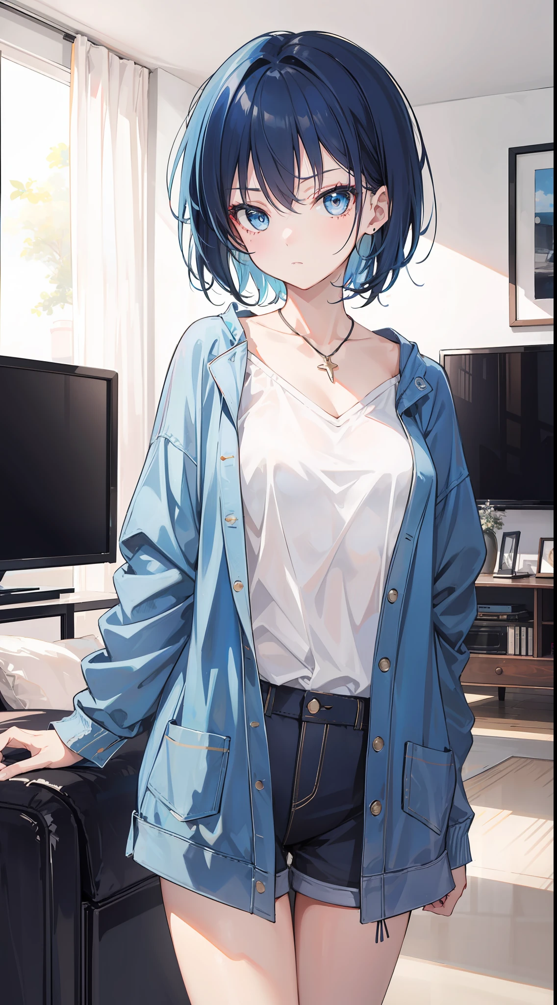 A girl, dark blue hair and bright blue eyes, short hair, in the living room near the television, wearing a casual cloth, cute, no expression, badass