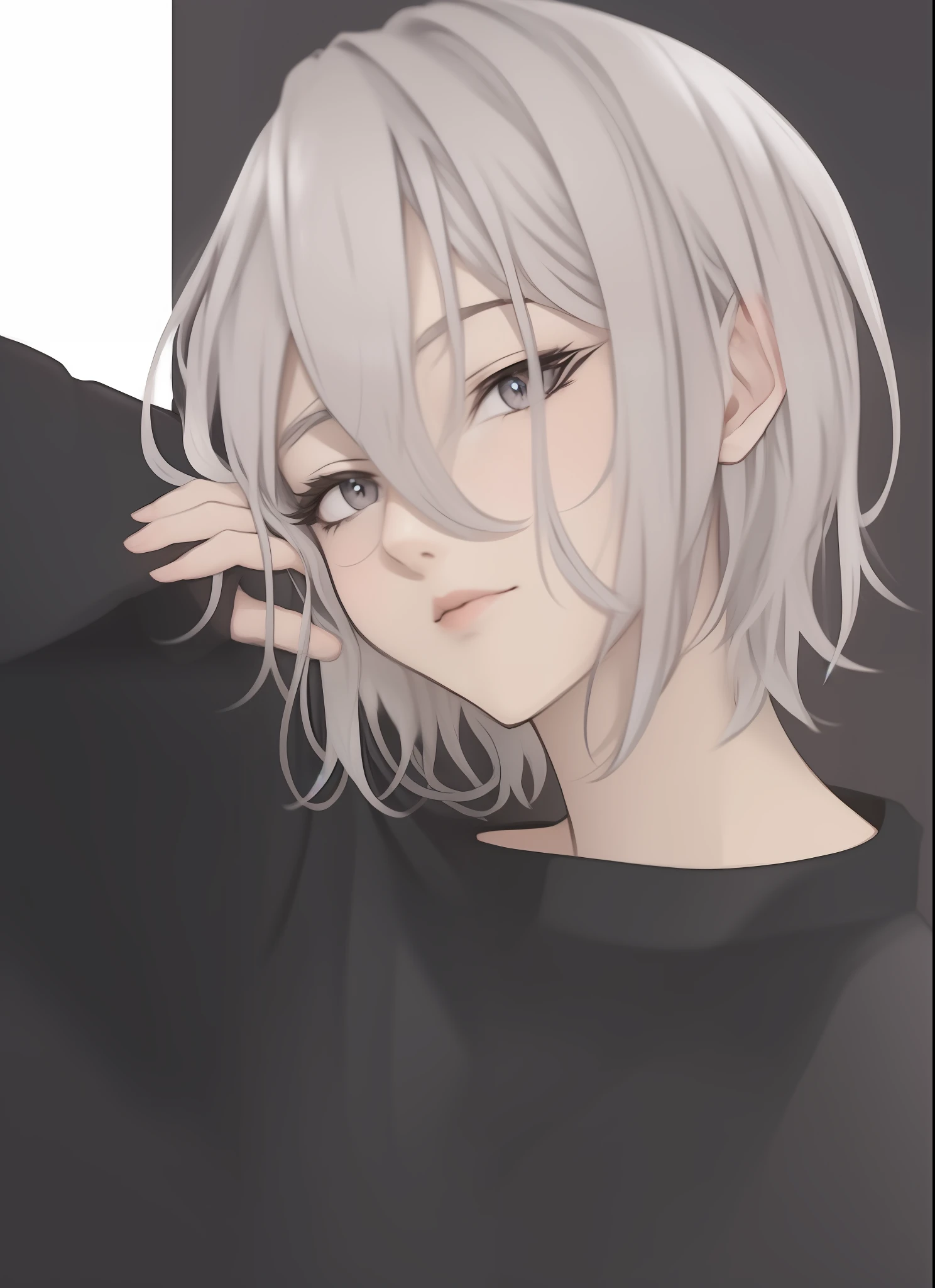 anime girl with white hair and black shirt holding his hand on his head, ela tem hair grey escuros, uma louca de silver-haired, silver-haired, white  hair, hair grey, divindade de white  hair, white  hair, female anime character, young anime woman, discord pfp