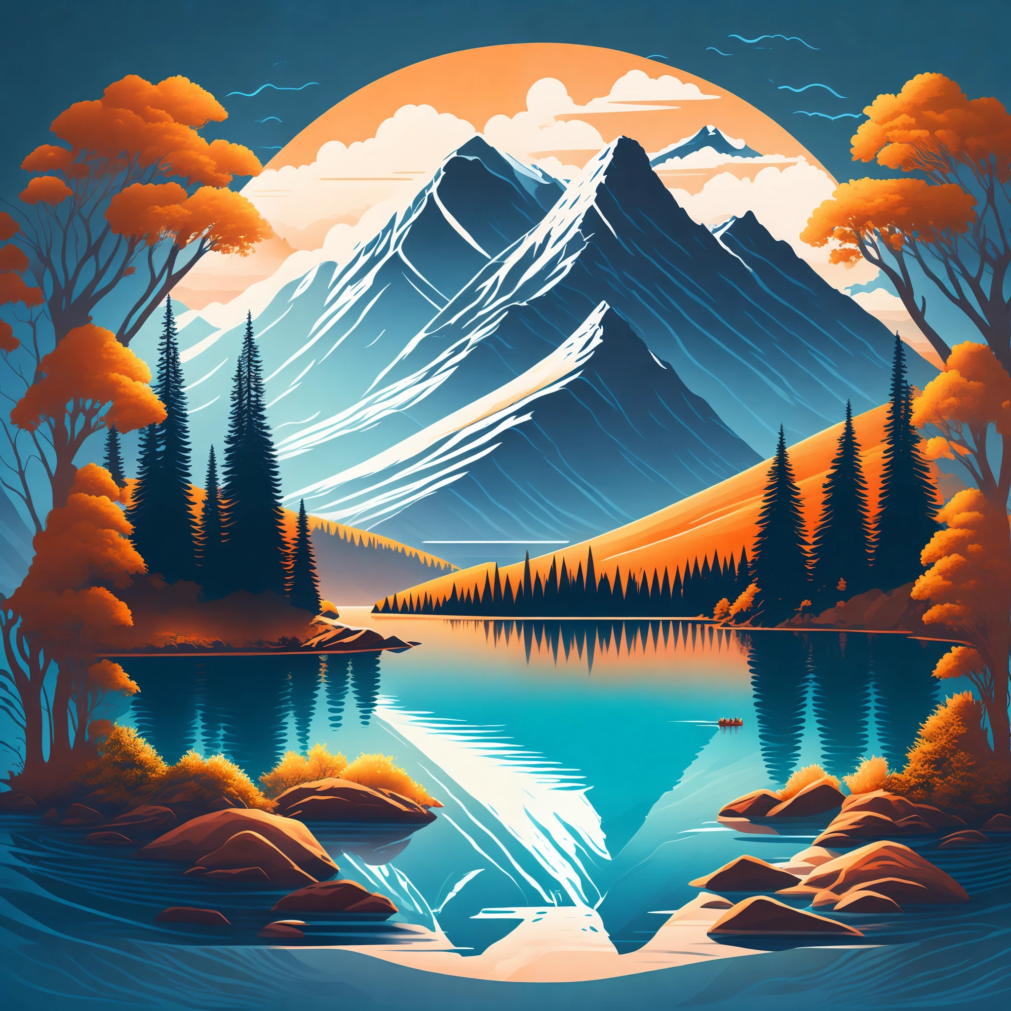 Um lago em uma paisagem montanhosa, Design de camiseta, meio da jornada, arte vetorial