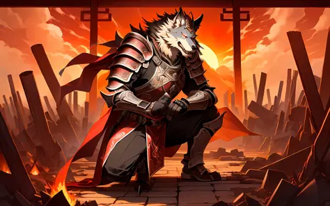 red werewolves wear ancient chinese general armor，the setting sun，half squatting，solo person，flame of war，high qulity，tmasterpie...