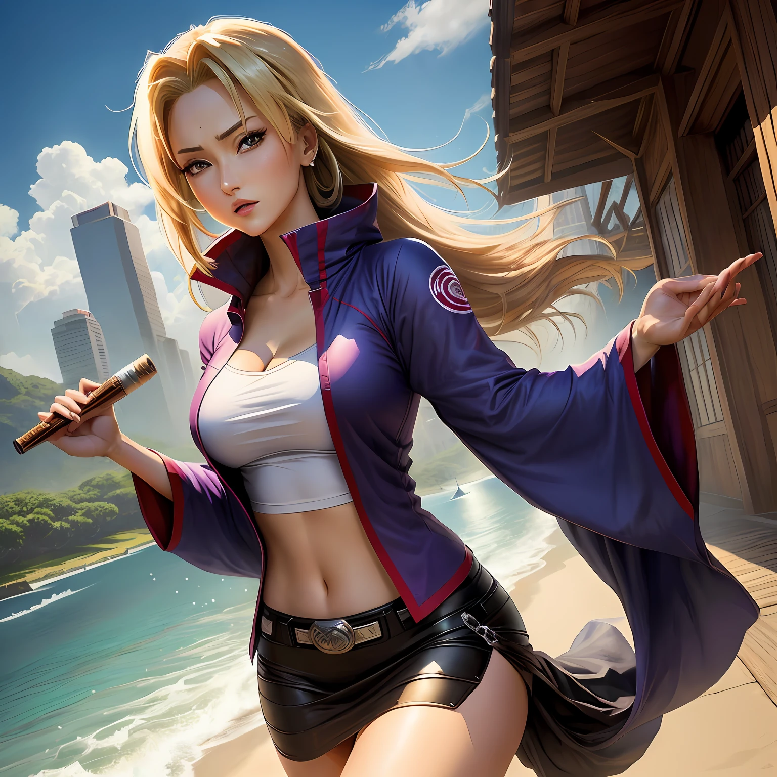 A close up of a woman in a purple jacket holding a wand - SeaArt AI