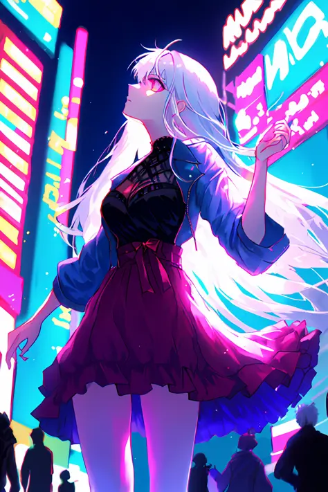 （tmasterpiece，Highest image quality）A white-haired girl stands in a city full of neon lights，Look up at the sky
