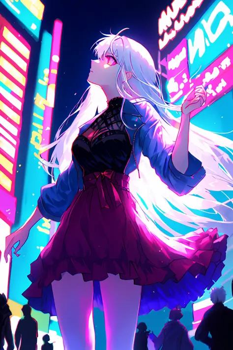 （tmasterpiece，highest image quality）a white-haired girl stands in a city full of neon lights，look up at the sky