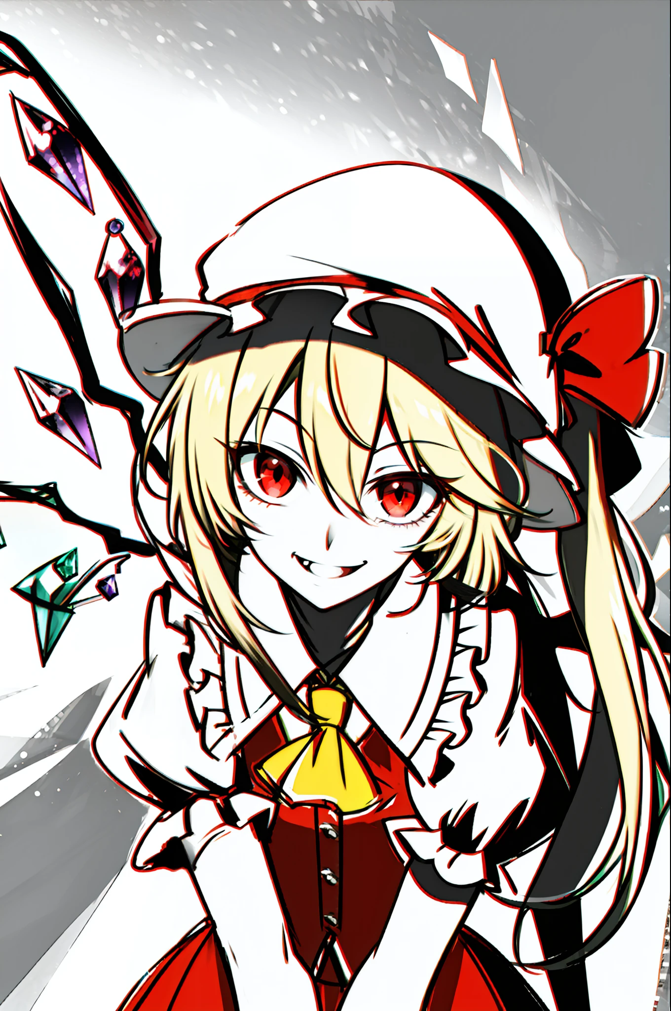 best quality, ultra high res, 1girl, solo, flandre scarlet, white soft hat, red hat bow, blonde hair, side ponytail, red eyes, shiny eyes, fang, red vest, short sleeves, puffy sleeves, yellow ascot, red frilled skirt, (crystal wings:1.2), bobby socks, mary janes, red shoes, laughing, ((evil smile)), looking at viewer, facing front, upper body, portrait,