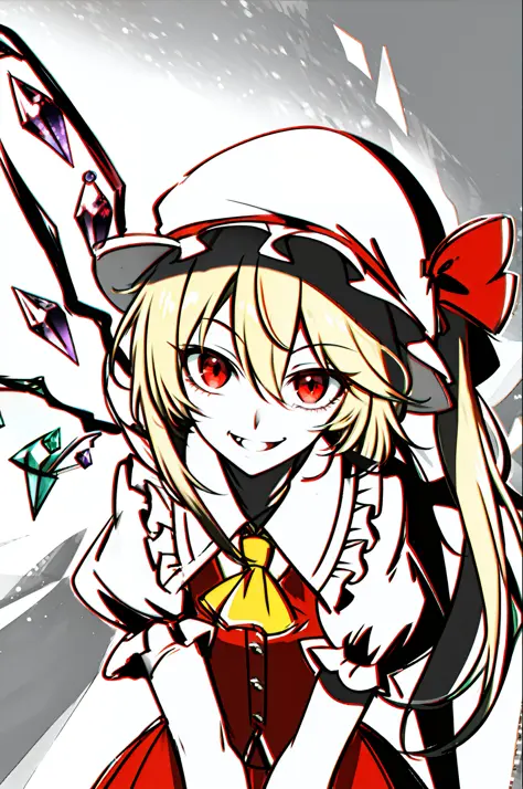 best quality, ultra high res, 1girl, solo, flandre scarlet, white soft hat, red hat bow, blonde hair, side ponytail, red eyes, s...