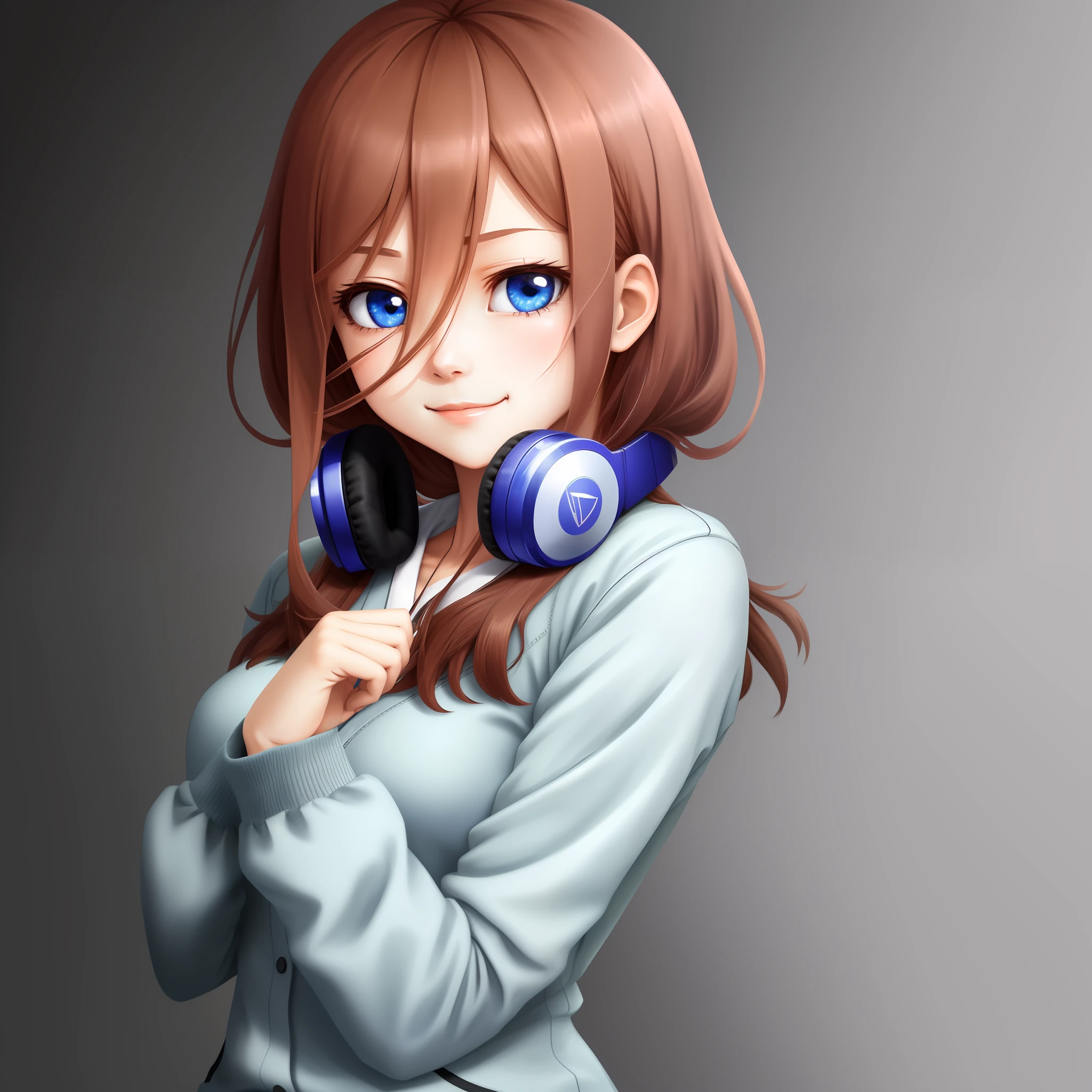 Pelo castaño,El nombre de la chica de anime es Nakano Sanjiu, Blue eyes, auriculares azules, seda negra, timidez, Parte superior del cuerpo, el fondo de pantalla, manos detrás de tu espalda, Alto detalle, animado, animado style, profundidad de campo, trazado de rayos, alta calidad, Alto detalles, mejor calidad, Una alta resolución, 16k, obra maestra, La ultra -La alta definición，sonríe