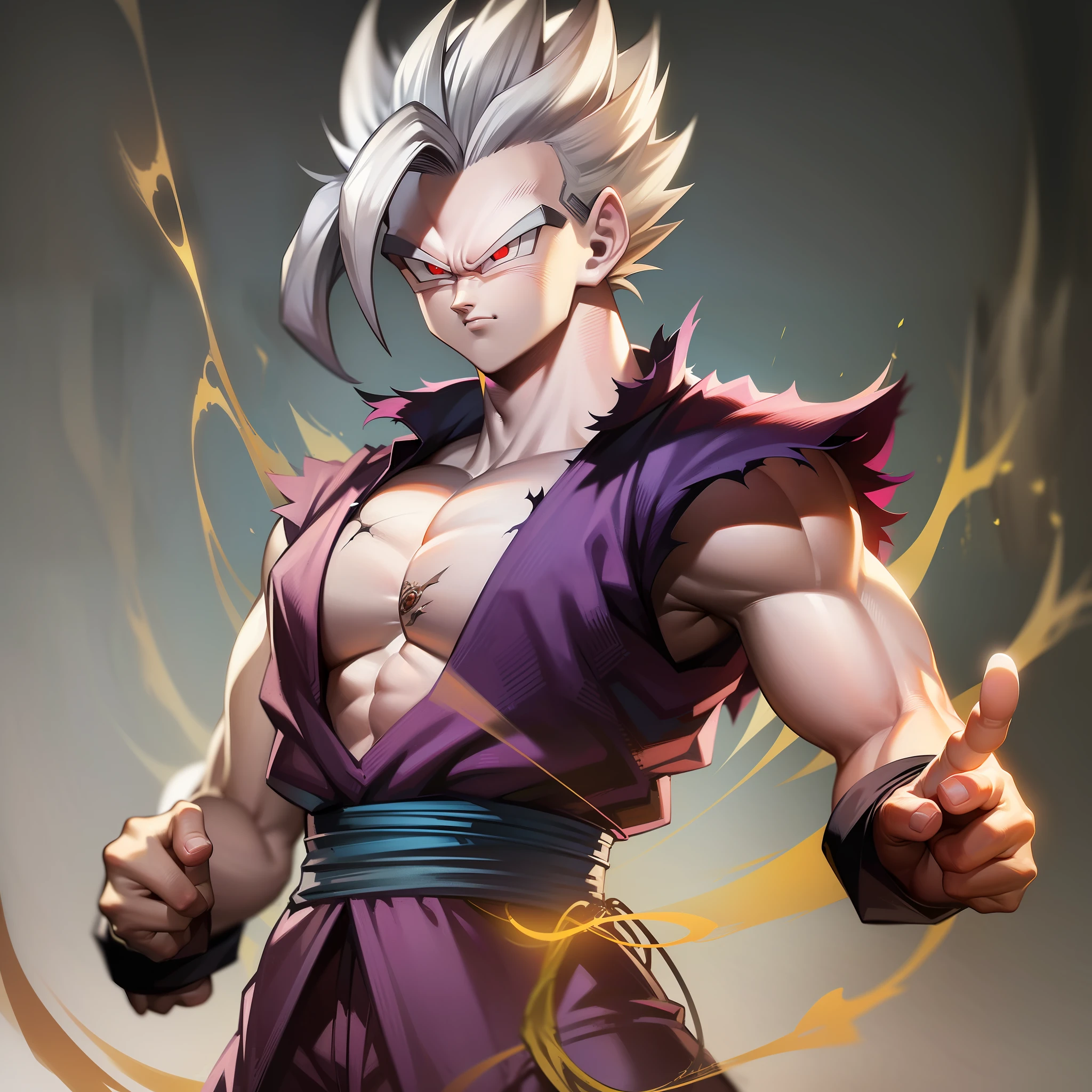 (1 male character, Gohan Beast form:1.2) + (battle damage, ripped clothes) + (white hair, glowing red eyes, arrogant smile) + (intimidating, powerful aura) + (high-quality wallpaper)