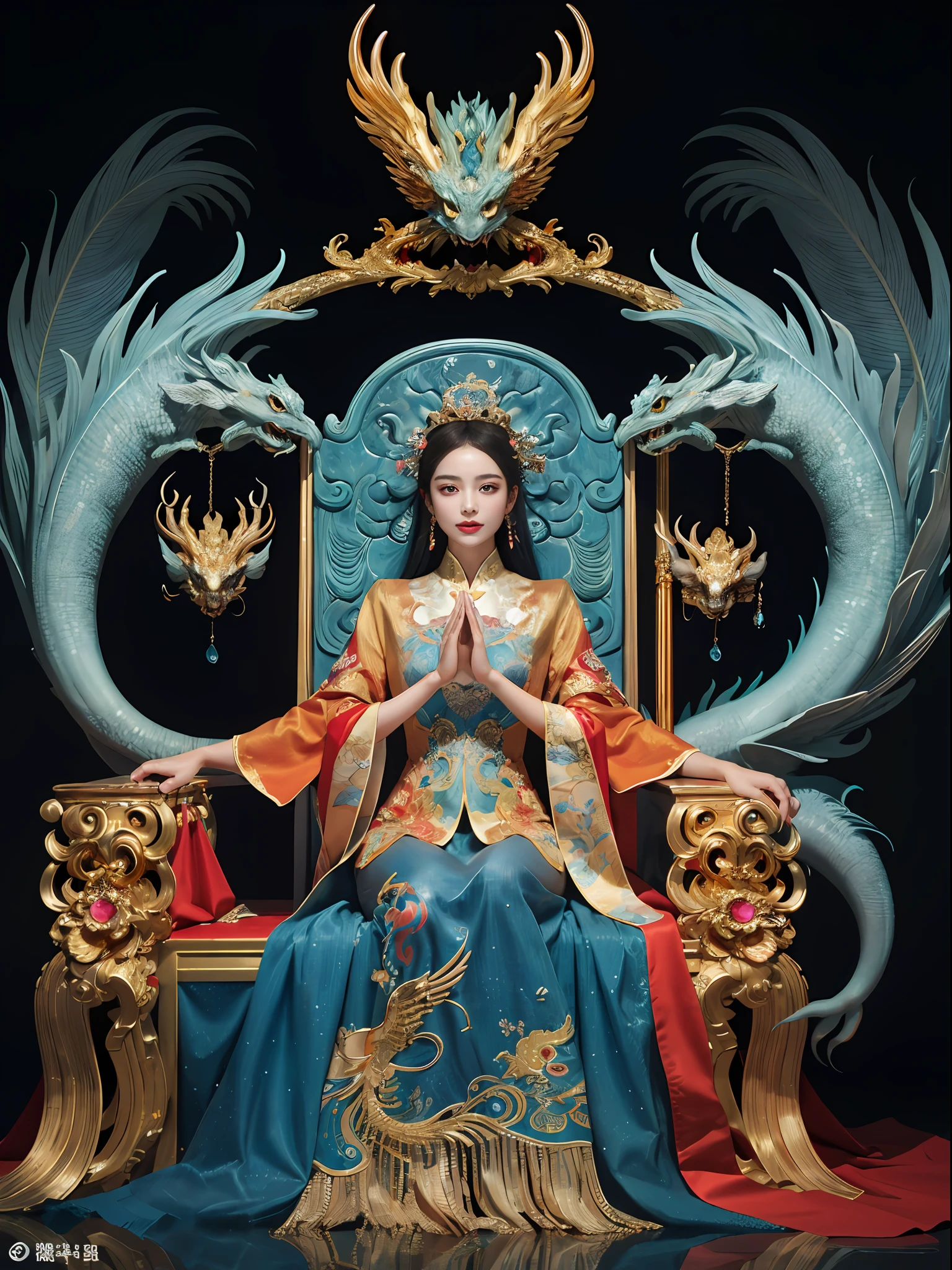 สาวจีนนั่งบนบัลลังก์, a throne encrusted with หินมีค่า, ล้อมรอบด้วยสัตว์ฟีนิกซ์ของจีน, ทอง and ruby color, ภาพประกอบสัตว์ประหลาดที่ไม่ซ้ำใคร, ไปที่กองถ่าย, ความละเอียดสูง, ภาพวาด, องค์ประกอบที่หนาแน่น, การทำซ้ำอย่างสนุกสนาน, หินมีค่า, คริสตัล, ทอง, ภาพวาดที่มีรายละเอียด, ภาพประกอบสัตว์ประหลาดที่ไม่ซ้ำใครs, รายละเอียดที่ละเอียดมาก, เหมือนจริง, super ความละเอียดสูง, ซับซ้อน, รายละเอียดสุดยอด, (รอยบุบที่ผิวหนัง), น่ารัก, ของผู้หญิง, เนื้อละเอียด, (ใบหน้าที่มีรายละเอียด: 1.1), (ม่านตาโค้ง), (เลนส์สีน้ำ), (ดวงตาที่สมบูรณ์แบบ), 4เค, งดงาม, (ผลงานชิ้นเอก: 1.2), (คุณภาพดีที่สุด: 1.2), งดงาม long dress, โพสท่าแบบไดนามิก, สีสันที่หลากหลาย, แสงและเงาของฟิล์ม，red and ทองen clothes