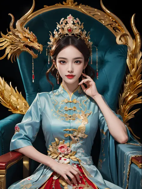 A Chinese girl sitting on a throne, a throne encrusted with precious stones, surrounded by Chinese phoenix beasts, gold and ruby color, unique monster illustration, Dau al set, high resolution, a painting, dense composition, playful repetition, precious st...