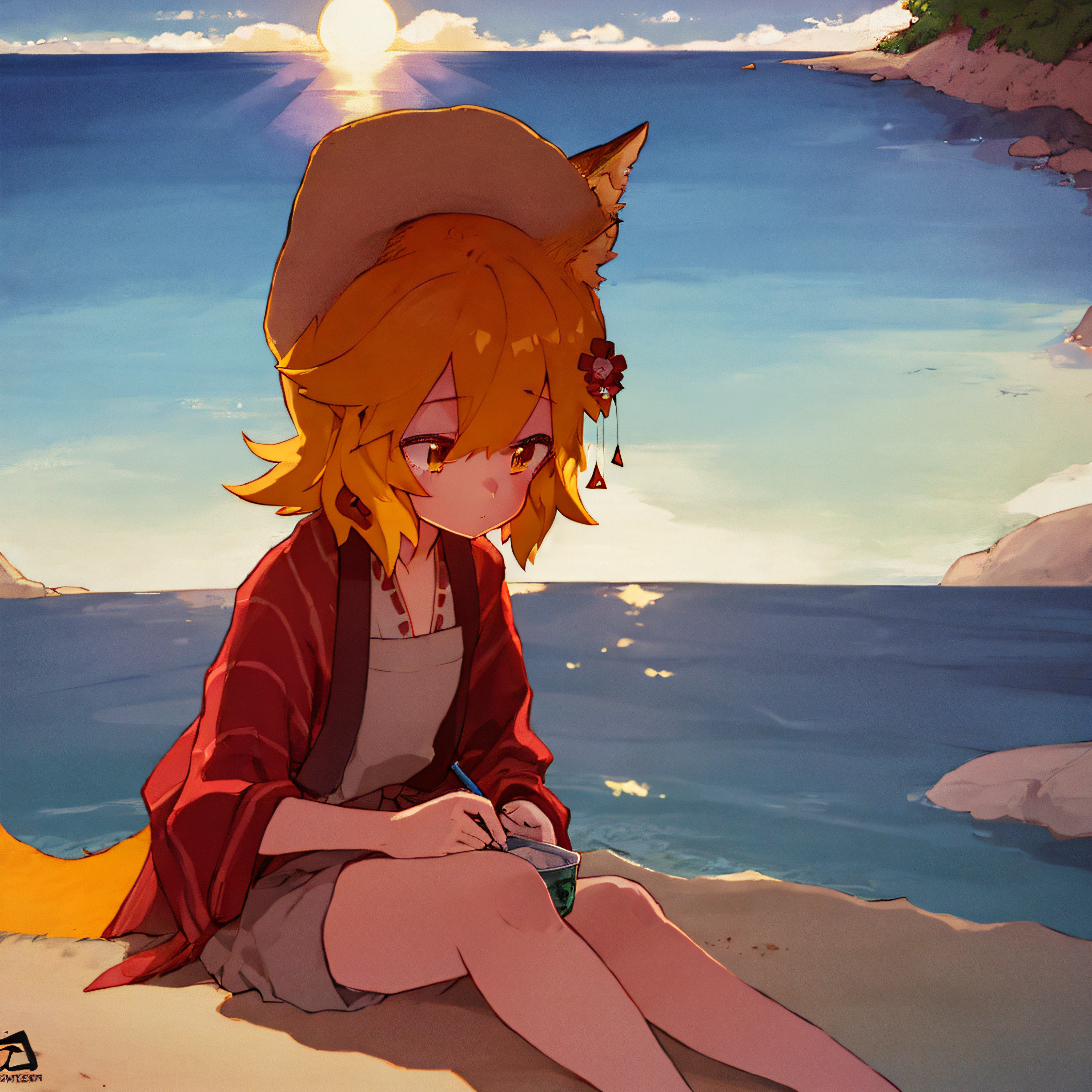 ultra-detailed, (detailed light:1.05), detailed background, detailed face, detailed eyes, sen, animal ears, fox ears, fox girl, fox tail, hair flower, hair ornament, orange eyes, orange hair, short hair, tail, flat chest, 1 girl, solo, kimono, miko, sun day, kneeling, sea far, summer, beach, stands on the sand, in a bathing suit, straw hat, sunset, sun over the sea, illustration, cinematic lighting, Futurism, backlighting, En plein air, anime style, Gothic art, Romanticism, Pixar, Futurism, backlighting, En plein air, anime style, Gothic art, Romanticism, Pixar, Futurism, backlighting, En plein air, anime style, Gothic art, Romanticism, Pixar, best quality, masterpiece, UHD