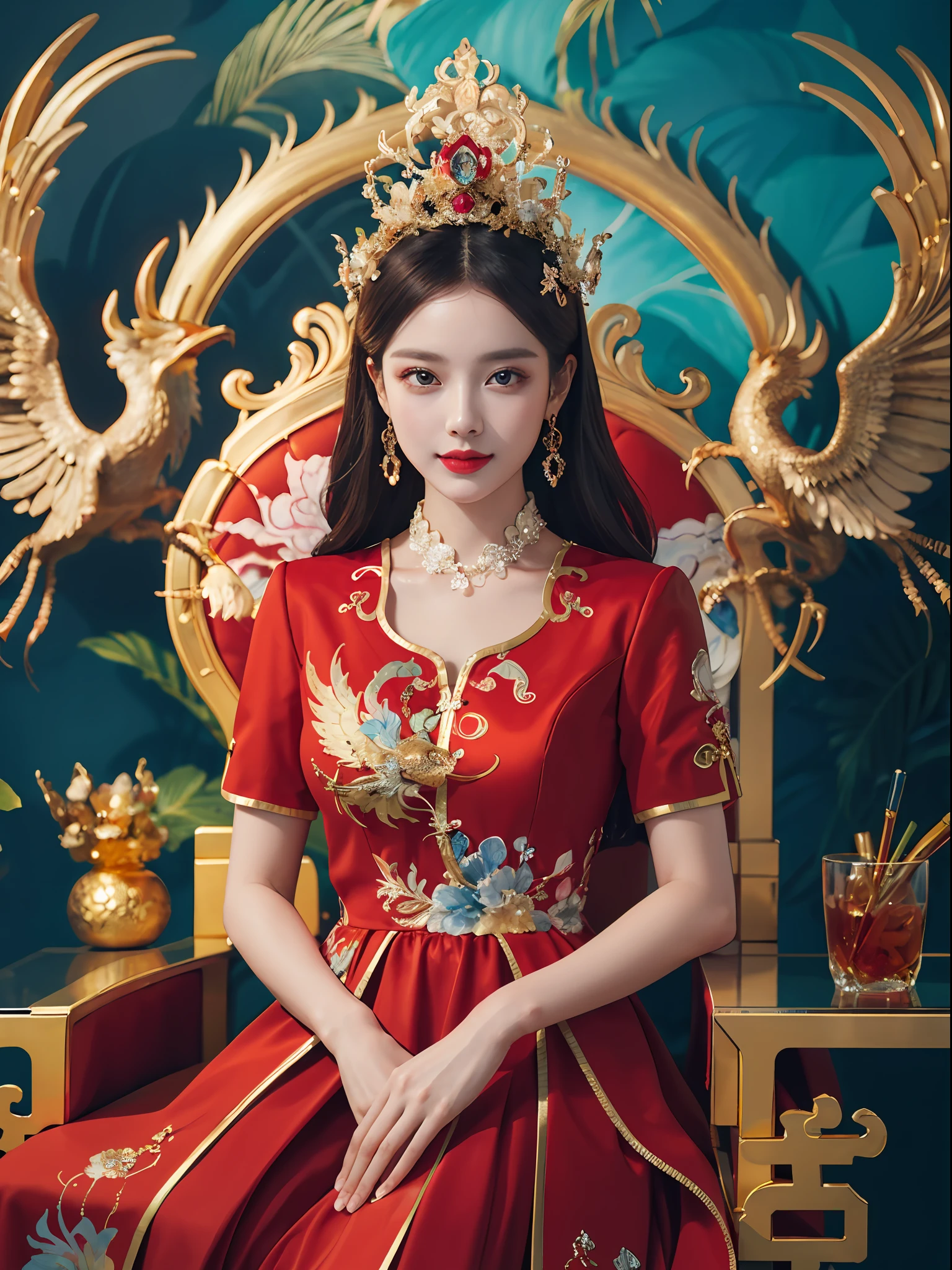 A Chinese girl sitting on a throne, a throne encrusted with precious stones, surrounded by Chinese phoenix beasts, gold and ruby color, unique monster illustration, Dau al set, high resolution, a painting, dense composition, playful repetition, precious stones, crystals, gold, detailed paintings, unique monster illustrations, super fine details, realistic, super high resolution, complex, super detail, (skin dents), cute, feminine, detailed body, (Detailed face: 1.1), (contoured iris), (watercolor lenses), (perfect eyes), 4k, gorgeous, (masterpiece: 1.2), (best quality: 1.2), gorgeous long dress, dynamic pose, rich colors, film light and shadow，red and golden clothes