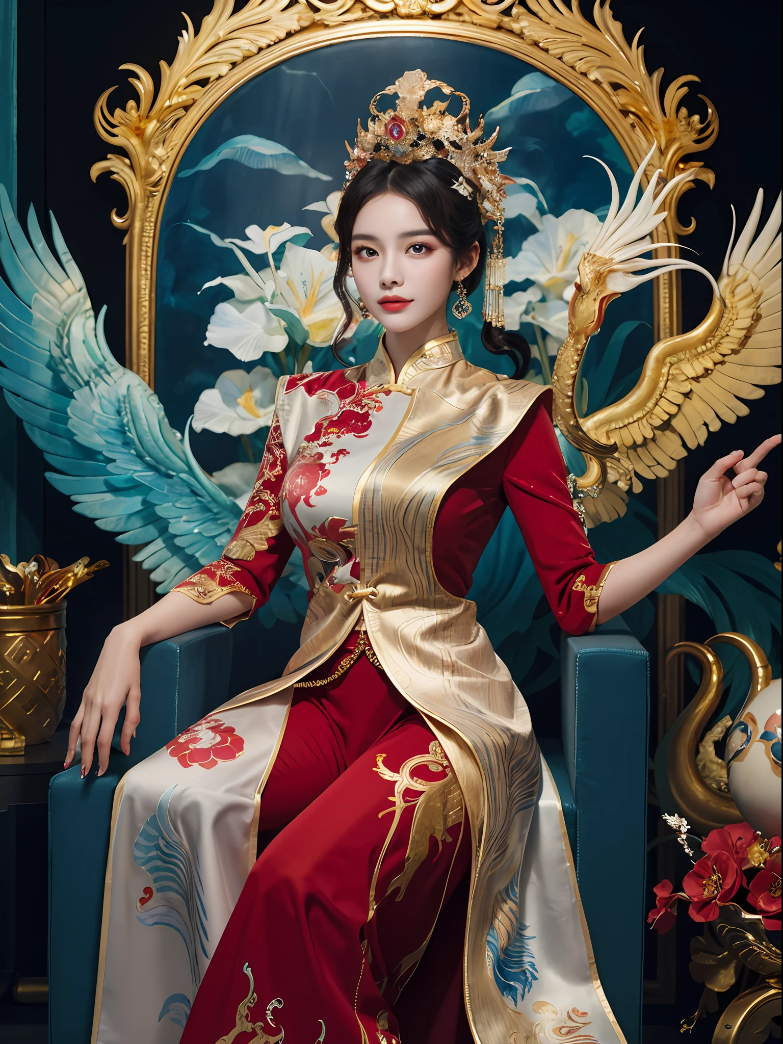 A Chinese girl sitting on a throne, a throne encrusted with precious stones, surrounded by Chinese phoenix beasts, gold and ruby color, unique monster illustration, Dau al set, high resolution, a painting, dense composition, playful repetition, precious stones, crystals, gold, detailed paintings, unique monster illustrations, super fine details, realistic, super high resolution, complex, super detail, (skin dents), cute, feminine, detailed body, (Detailed face: 1.1), (contoured iris), (watercolor lenses), (perfect eyes), 4k, gorgeous, (masterpiece: 1.2), (best quality: 1.2), gorgeous long dress, dynamic pose, rich colors, film light and shadow，red and golden clothes
