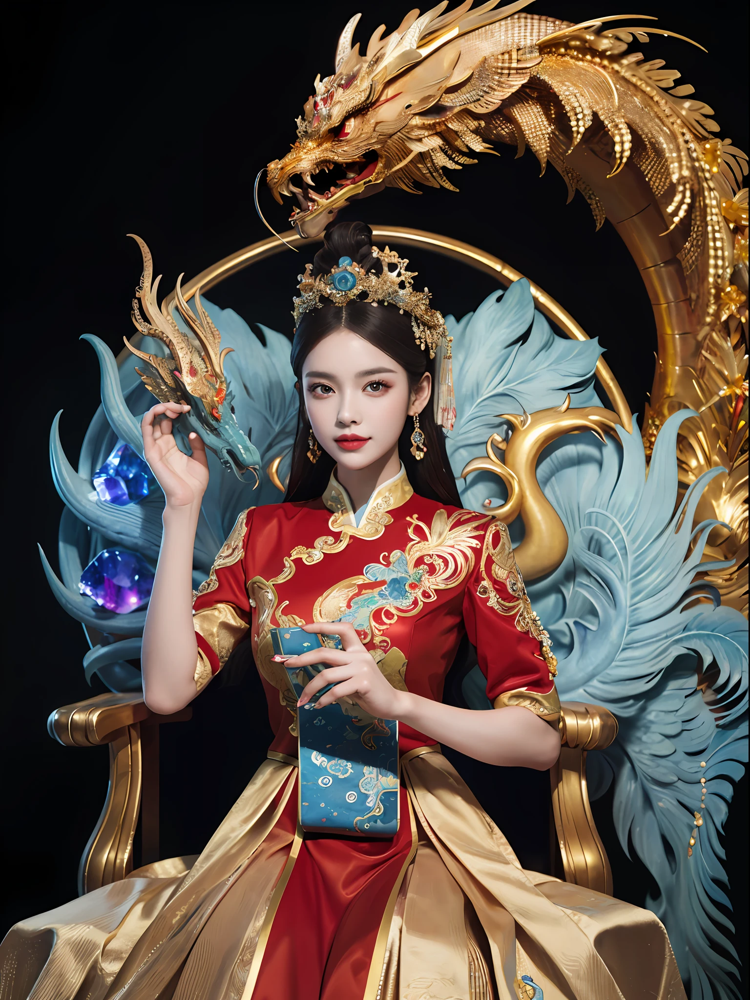 A Chinese girl sitting on a throne, a throne encrusted with precious stones, surrounded by Chinese phoenix beasts, gold and ruby color, unique monster illustration, Dau al set, high resolution, a painting, dense composition, playful repetition, precious stones, crystals, gold, detailed paintings, unique monster illustrations, super fine details, realistic, super high resolution, complex, super detail, (skin dents), cute, feminine, detailed body, (Detailed face: 1.1), (contoured iris), (watercolor lenses), (perfect eyes), 4k, gorgeous, (masterpiece: 1.2), (best quality: 1.2), gorgeous long dress, dynamic pose, rich colors, film light and shadow，red and golden clothes