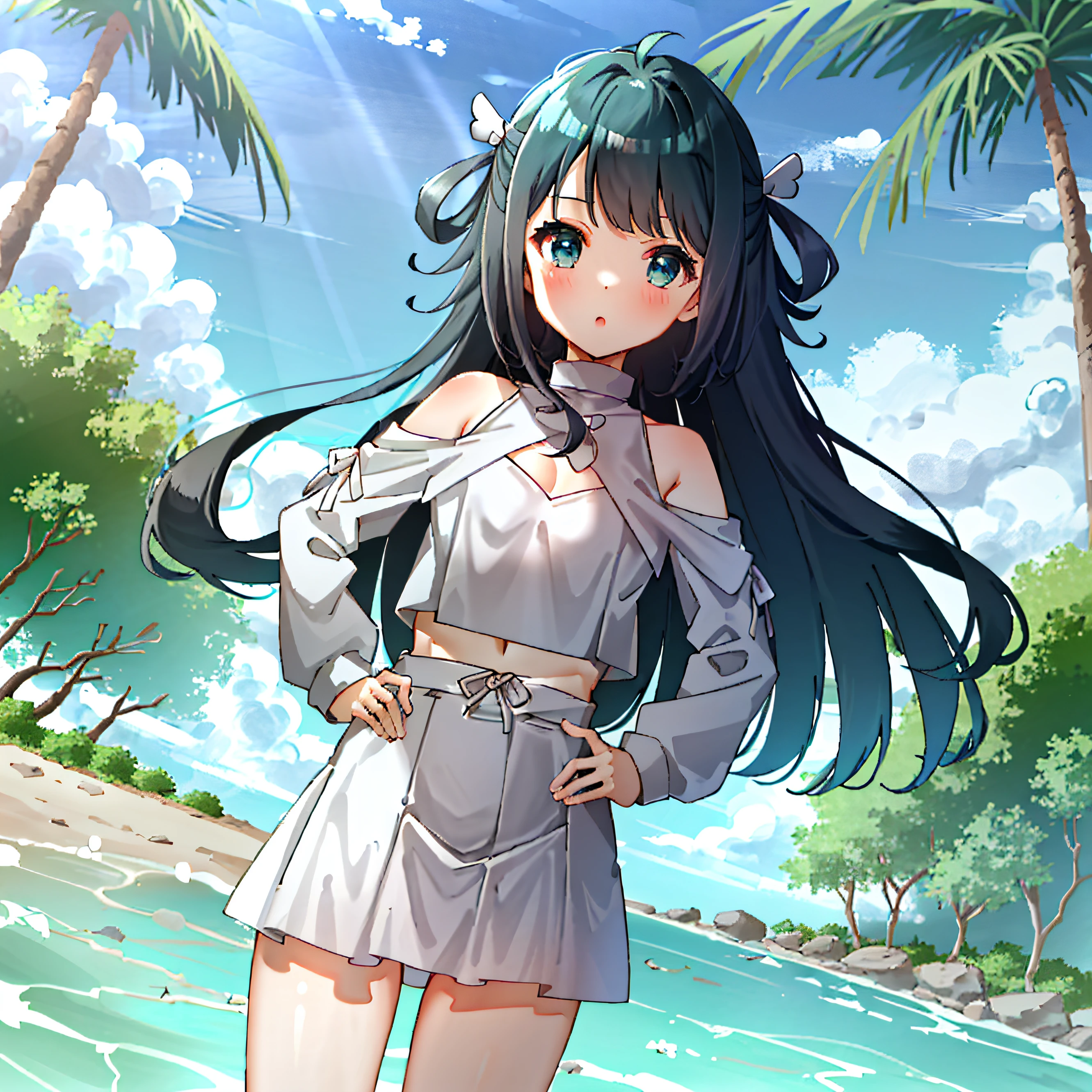 The art of cornflower, dreamy, (a beautiful, teenage, anime-style girl with blue eyes and long black hair, wearing a yellowish, shiny, long-sleeved, open-chested, long-skirted swimsuit, pink, white and yellow, heart posing on it, hands on the hips, in front of the beach and bright blue sky with clouds inside, palm trees in the background on both sides of the picture, and a lot of blue and yellow fish swimming in the sea, and a police helicopter with lights flying over the girl)