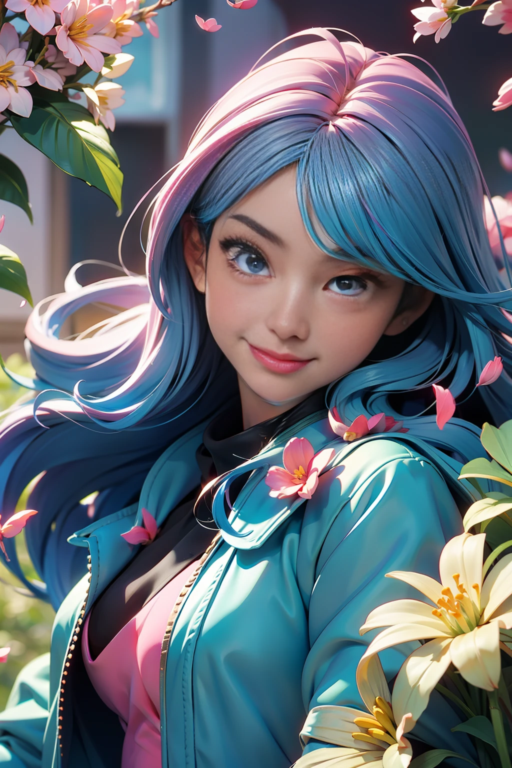 Girl with bright hair blue coat smiling and looking into camera，full bodyesbian，fresh flowers，Fluttering petals，contrast color（best qualtiy） （complexdetails）