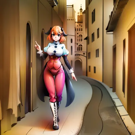 jester, bimbo, boots, jester cloths, medium breast,orange hair, , alone,walking, pants, medieval village, italy