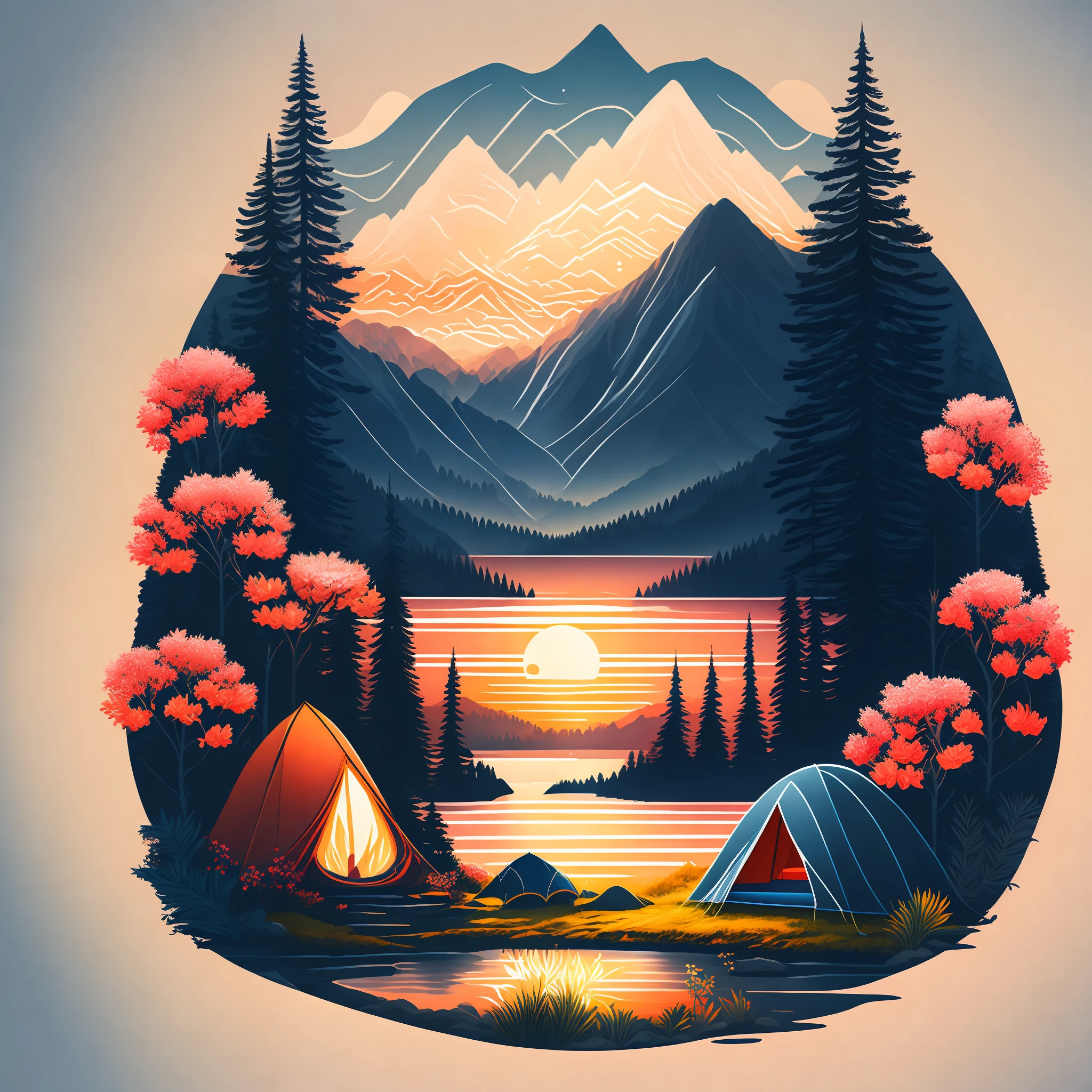 Ein Campingzelt in der Nähe eines Sees in den Bergen, Sonnenaufgang, Blumenmuster, vektorkunst, T-Shirt-Design