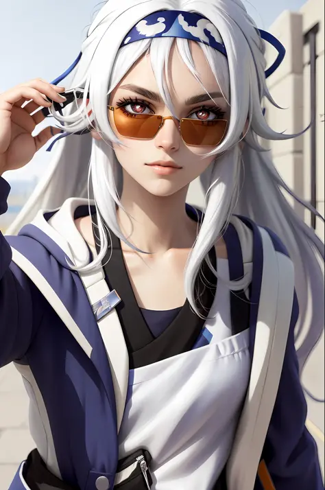 White hair, sunglasses, mismatched pupils, hair splayed out, White hair, Anime, Close-up, High detail, The ultra -The high-defin...