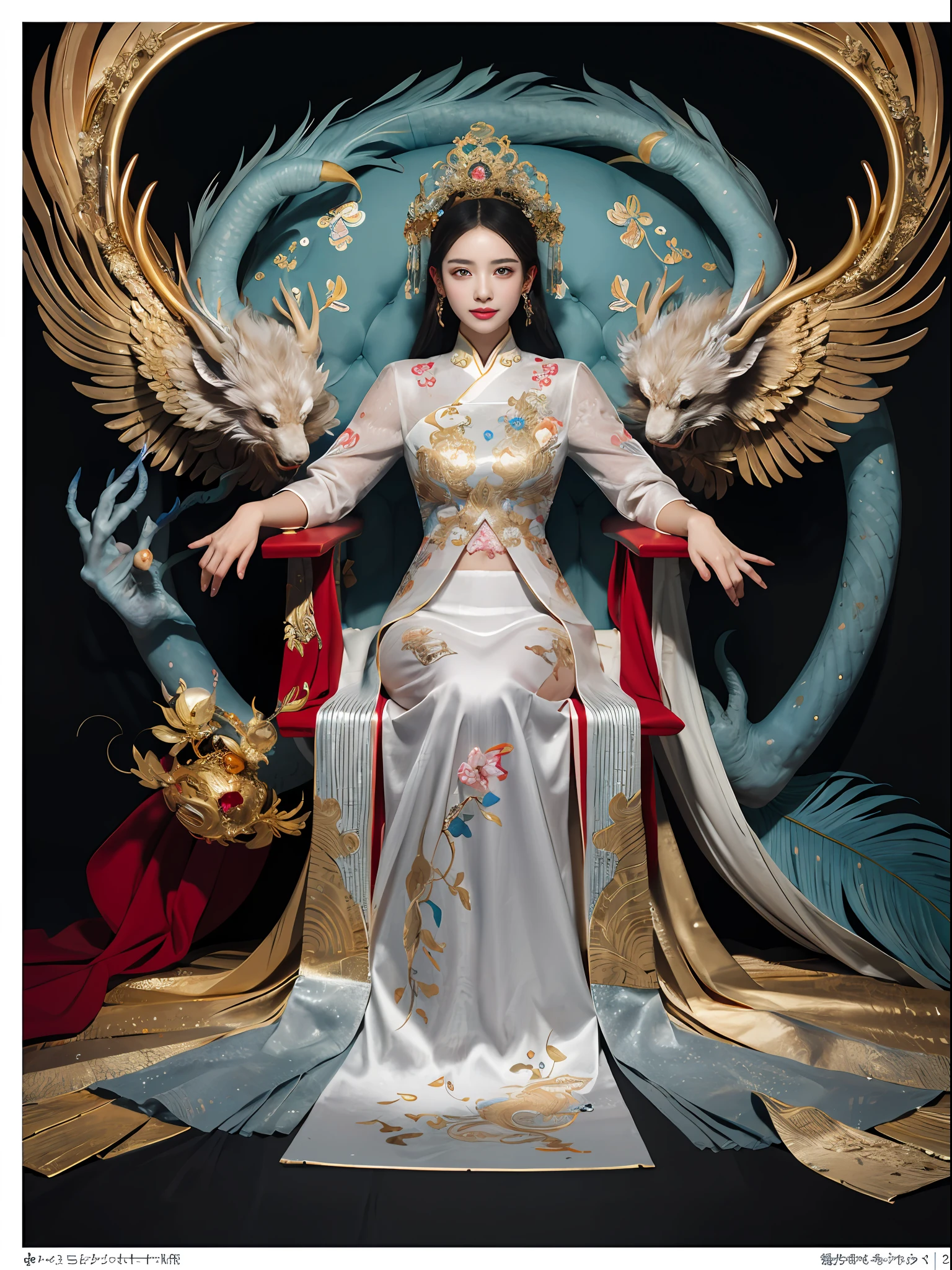 A Chinese girl sitting on a throne, a throne encrusted with precious stones, surrounded by Chinese phoenix beasts, gold and ruby color, unique monster illustration, Dau al set, High resolution, A painting, dense composition, playful repetition, gem stones, crystals, Gold, Detailed paintings, unique monster illustration, Super fine details, Realistic, Super high resolution, complex, Super detail, (dent in the skin), kawaii, Feminine, Detailed body, (Detailed face: 1.1), (contoured iris), (Watercolor lenses), (Perfect eyes), 4K, Gorgeous, (Masterpiece: 1.2), (Best quality: 1.2), Gorgeous long dress, Dynamic pose, Rich colors, Film light and shadow，red and golden clothes