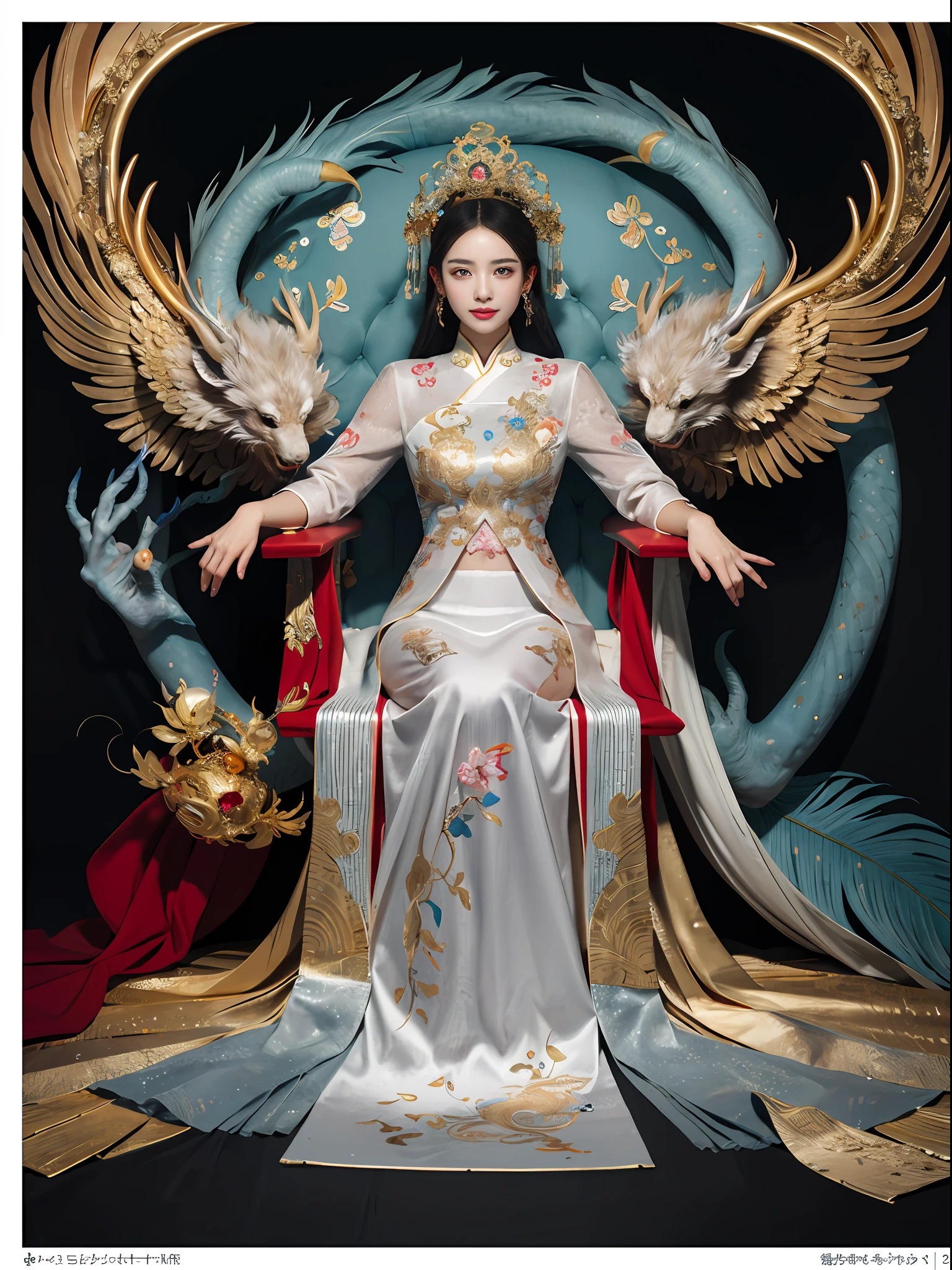 Una niña china sentada en un trono., un trono incrustado de piedras preciosas, rodeado de bestias fénix chinas, color oro y rubí, ilustración de monstruo único, dau al set, alta resolución, Una pintura, composición densa, repetición juguetona, Pedras preciosas, cristales, oro, pinturas detalladas, ilustración de monstruo único, detalles súper finos, Realista, súper alta resolución, complejo, súper detalle, (abolladura en la piel), kawaii, femenino, cuerpo detallado, (cara detallada: 1.1), (iris contorneado), (Lentes de acuarela), (ojos perfectos), 4k, espléndido, (obra maestra: 1.2), (mejor calidad: 1.2), espléndido long dress, pose dinámica, colores ricos, Película de luces y sombras.，ropa roja y dorada