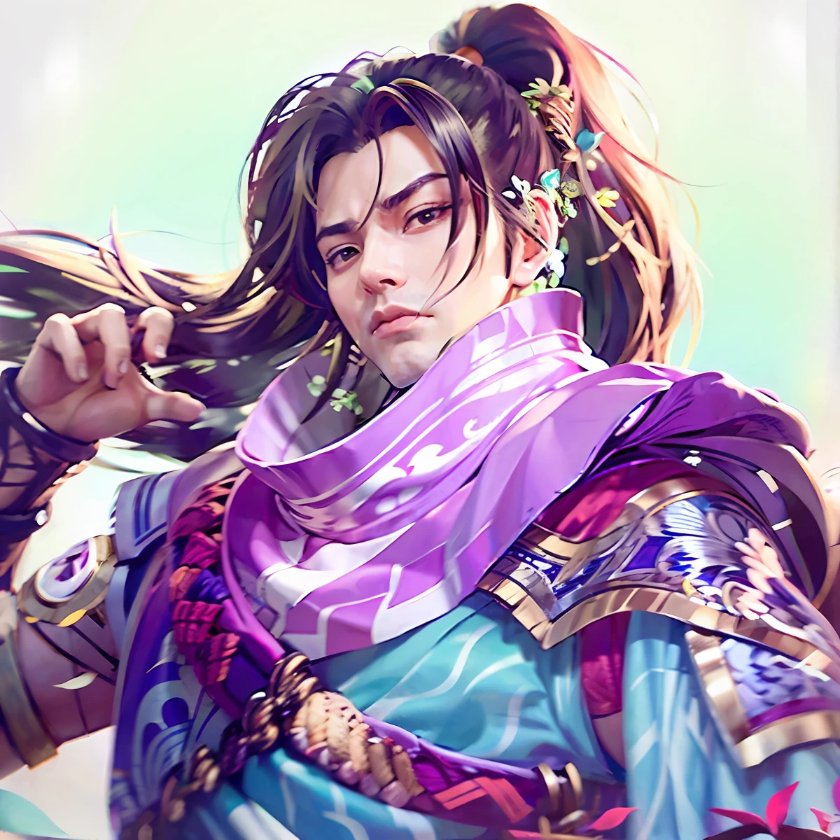 ((close up photograph)+xianxia hero+zhao yun+heise jinyao+bian lian+Danfeng Eyes+blue color eyes),G Liulian art style,Inspired by Huang Shen、Fan Kuan、Zhao Yuan、Kan Lee、Du Jin、Dai Jin、Cao Zhibai,knifes+florals,Shank shiny,The background is obroken,Focus,Exquisite details,Full of emotion。