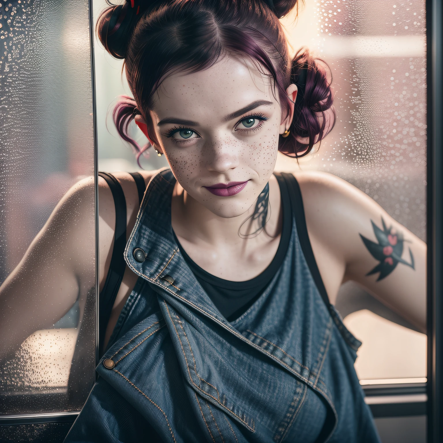 woman with short hair, dive bar, with a drink, tattoos, piercings, multi-colored hair, freckles, no people in background, photo realistic, real person, real photograph, detailed, sharp, high quality, two arms, no extra arms or legs, looks like real life, professional, high quality, taken in real time