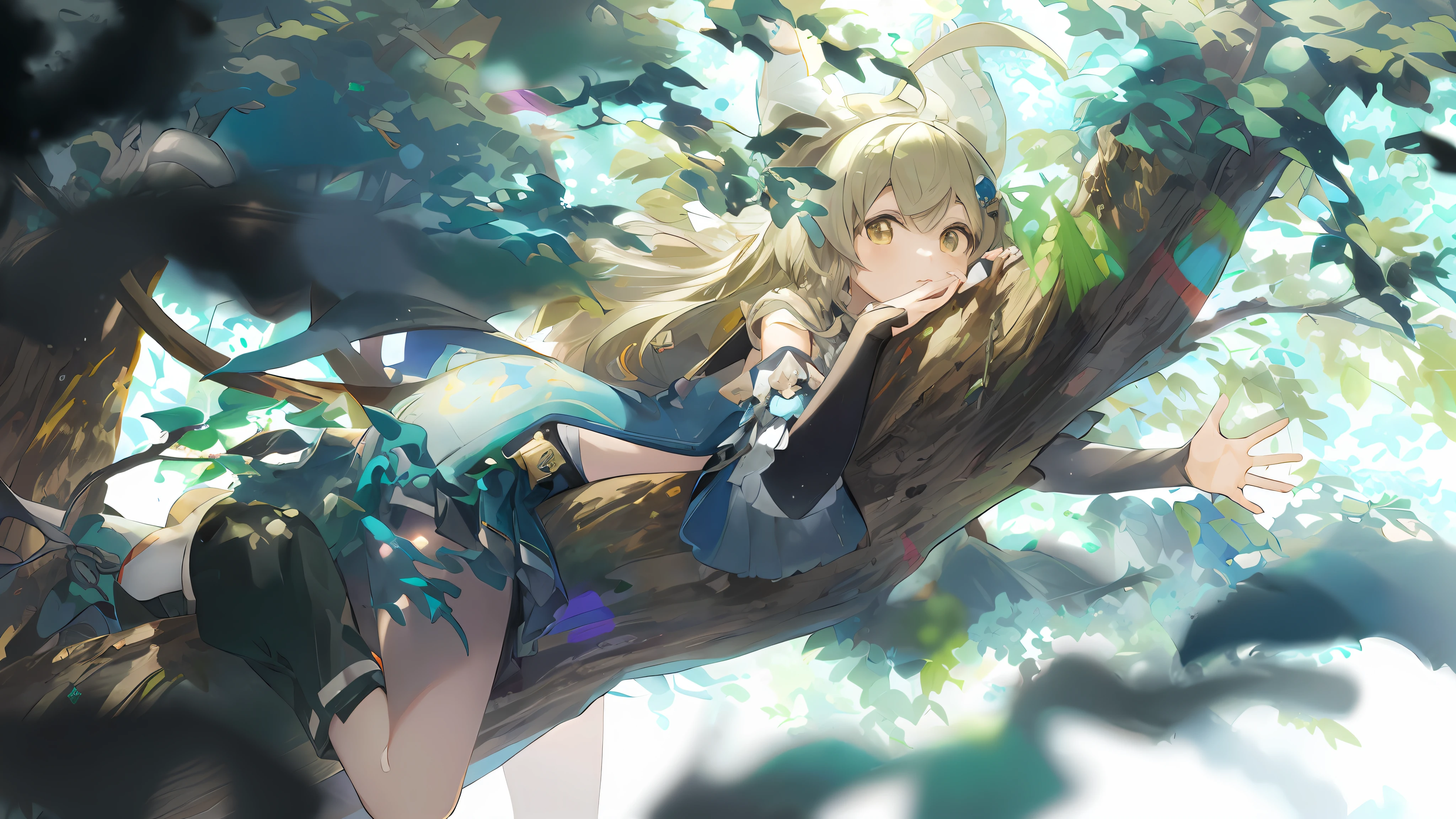 Anime-Mädchen sitzt auf Baum，Arme ausgestreckt, Anime-Kunst-Tapete 8 K, Anime-Kunst-Hintergrundbild 4k, Anime-Kunst-Tapete 4k, Splash Art Anime Loli, offizielles Kunstwerk, Schlüssel-Anime-Kunst, detaillierte Schlüssel-Anime-Kunst, Trends auf Artstation Pixiv, hochdetailliertes offizielles Kunstwerk, Wie, offizielle Kunst, wunderschöne Anime-Kunstwerke, Stil von Anime4 K