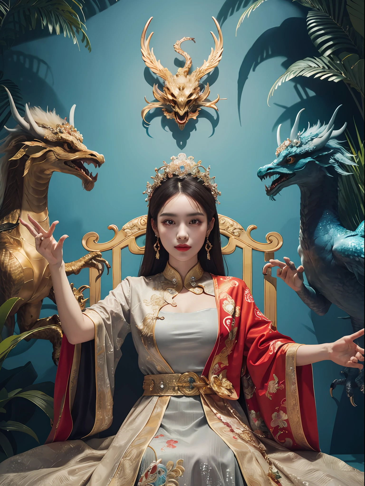A Chinese girl sitting on a throne, a throne encrusted with precious stones, surrounded by Chinese phoenix beasts, gold and ruby color, unique monster illustration, Dau al set, High resolution, A painting, dense composition, playful repetition, gem stones, crystals, Gold, Detailed paintings, unique monster illustration, Super fine details, Realistic, Super high resolution, complex, Super detail, (dent in the skin), kawaii, Feminine, Detailed body, (Detailed face: 1.1), (contoured iris), (Watercolor lenses), (Perfect eyes), 4K, Gorgeous, (Masterpiece: 1.2), (Best quality: 1.2), Gorgeous long dress, Dynamic pose, Rich colors, Film light and shadow，red and golden clothes