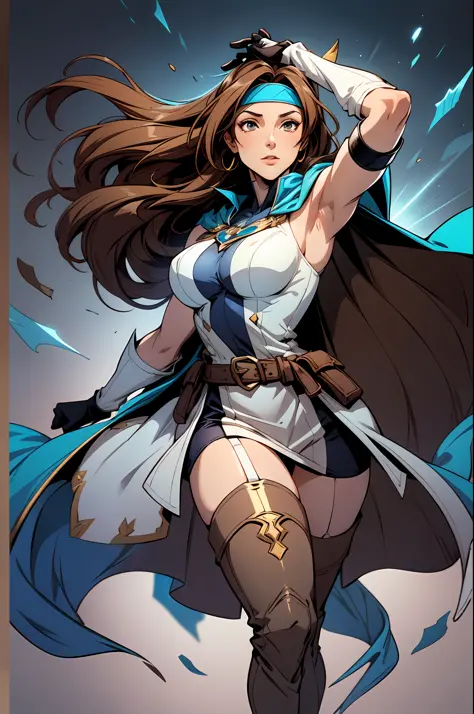 (mature female:1.3), long brown hair, wearing a headband, short pale tunic and white stockings, high boots, azure cape, armpits,...