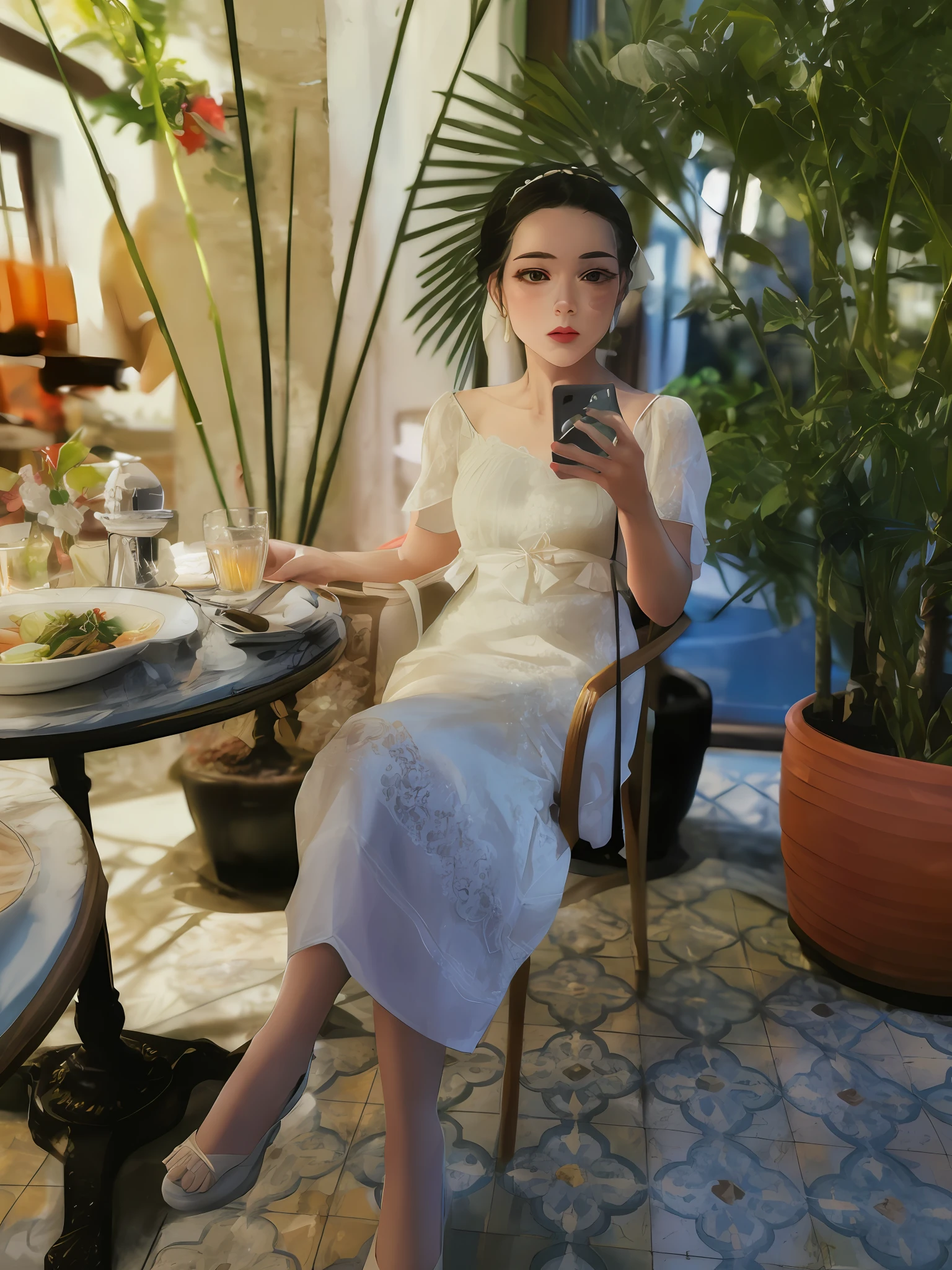 sits at a table，Woman with phone in hand, wearing a white folkdrakt dress, Wearing a white dress, wears a white dress, 🤬 🤮 💕 🎀, wearing a cute white dress, in style of lam manh, Dressed in elegant dresses, inspired by Ruth Jên, wearing 1890s era clothes