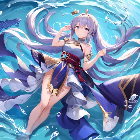 anime girl with long white hair and blue dress floating in water, wallpaper anime blue water, Splash art anime Loli, Ayaka Gensh...