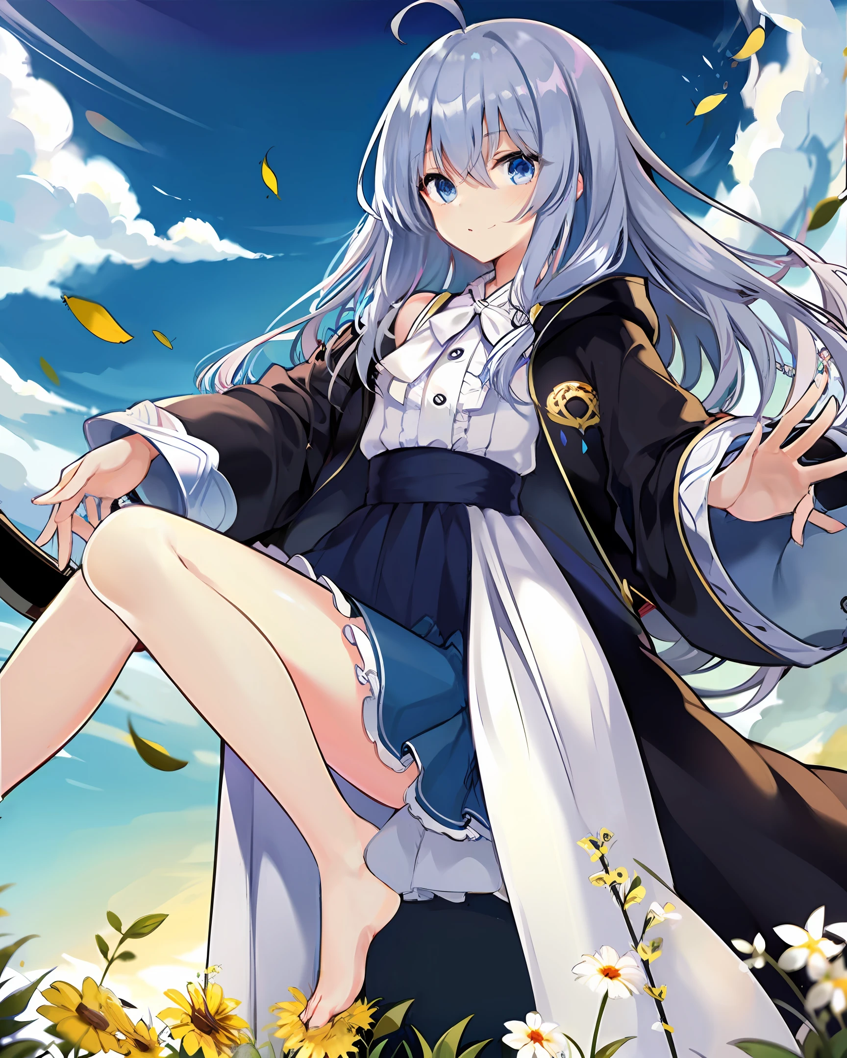 Anime girl sitting on a tree branch with flowers in the background - SeaArt  AI