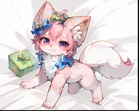 Anime - Style drawing of pink cat with bow and gift, Cute detailed digital art, commission on furaffinity, fursona art, Pisif, D...