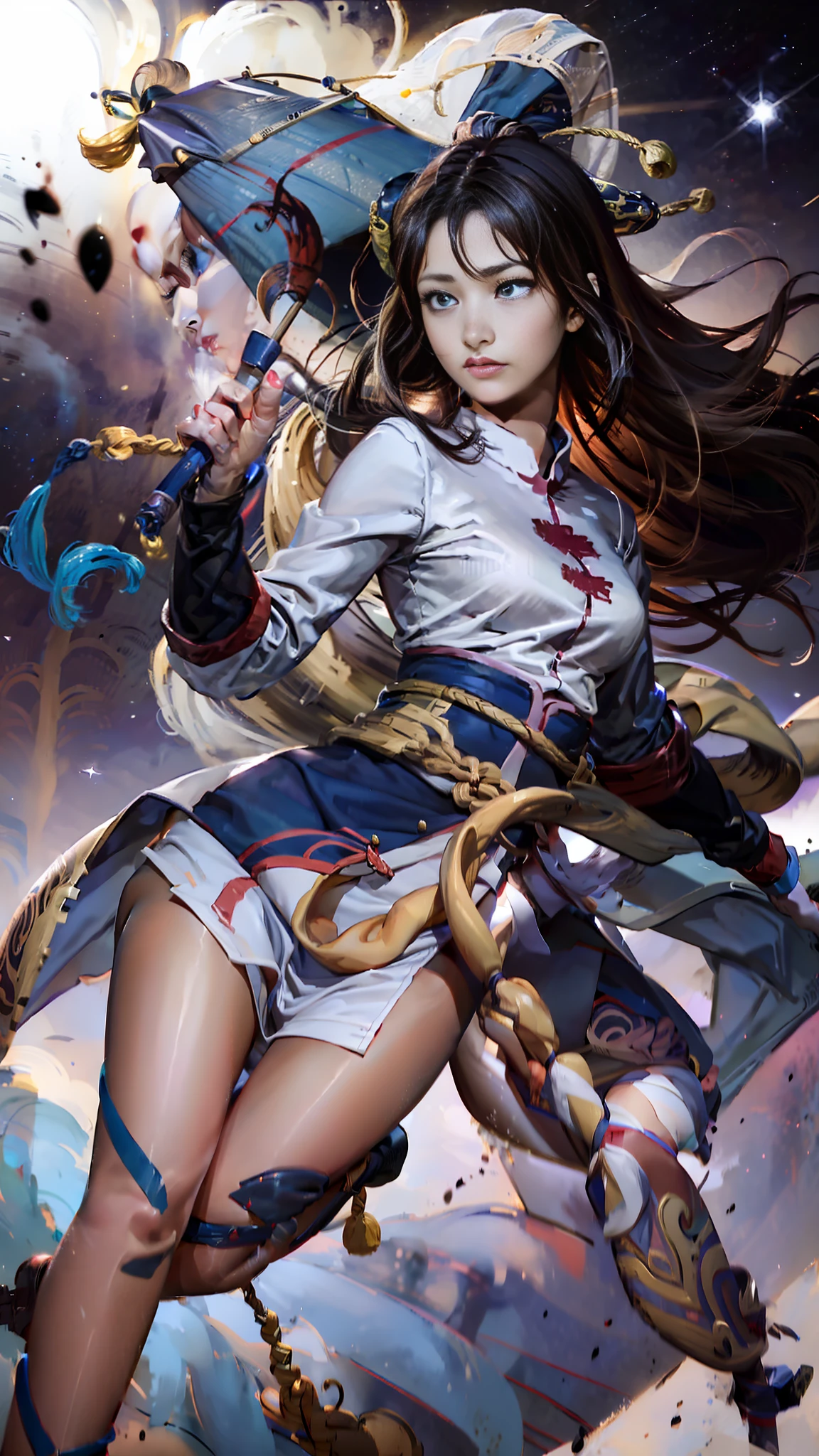 a woman in a dress holding a blue umbrella and a sword, beautiful celestial mage, inspired by Wu Li, extremely detailed artgerm, inspired by Wu Bin, yun ling, inspired by Lan Ying, heise jinyao, by Yang J, portrait knights of zodiac girl, beautiful young wind spirit, irelia, inspired by Luo Mu, inspired by Ju Lian