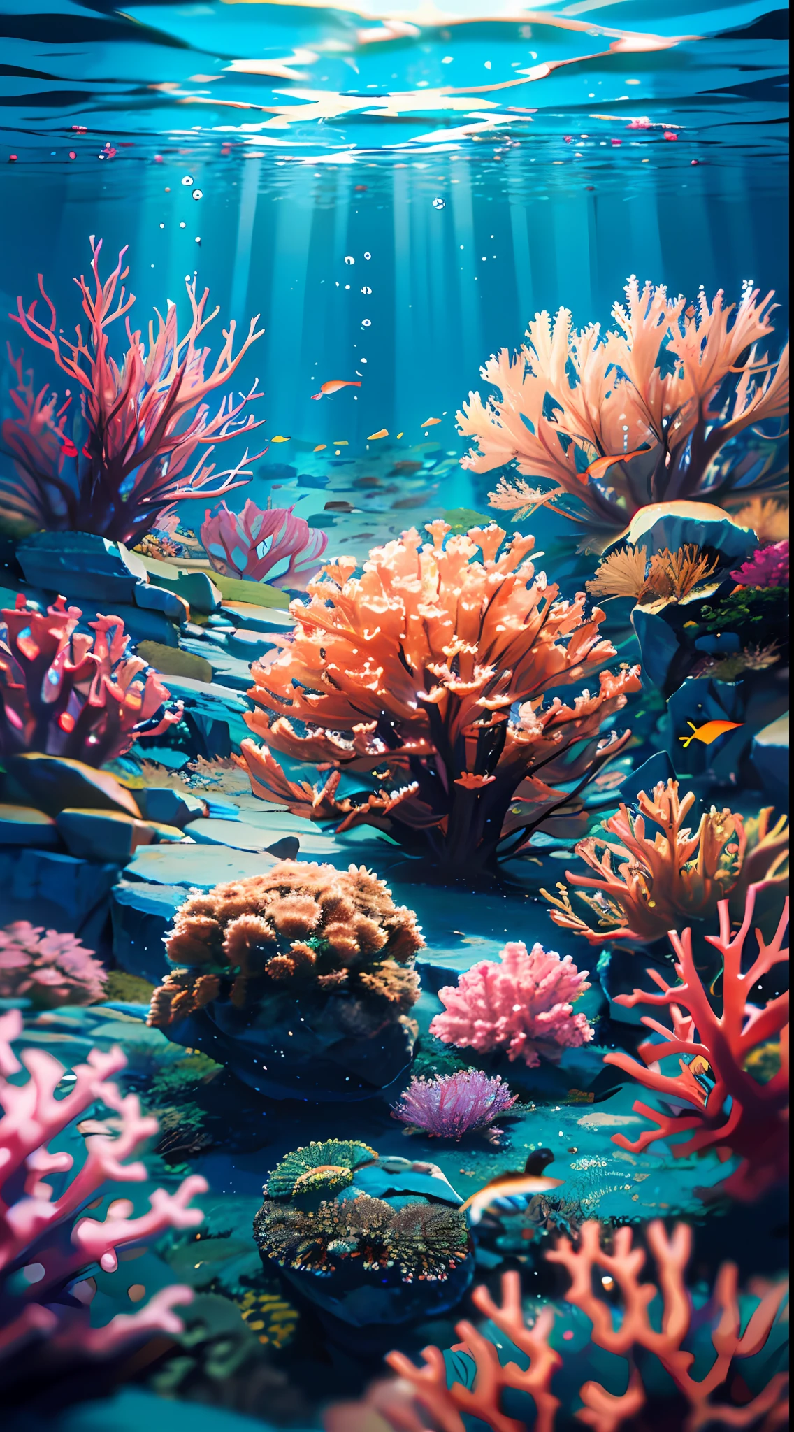 (傑作, 最高品質:1.2), (人間はいない, 崖, 水中, 視点, 下から:1.5), 8k, RAW写真, 不条理な, 美しいサンゴ礁, 岩, 非常に小さな魚がたくさん, 色とりどりの熱帯魚, 光漏れ, 被写界深度, 素晴らしい景色, フィルムグレイン, 色収差, ダイナミックライティング, ドラマチックな照明, 高解像度, 写実的な, フィルムグレイン, 色収差, 高解像度, 超詳細, 細かく詳細に, 非常に詳細な, 影, シャープなフォーカス