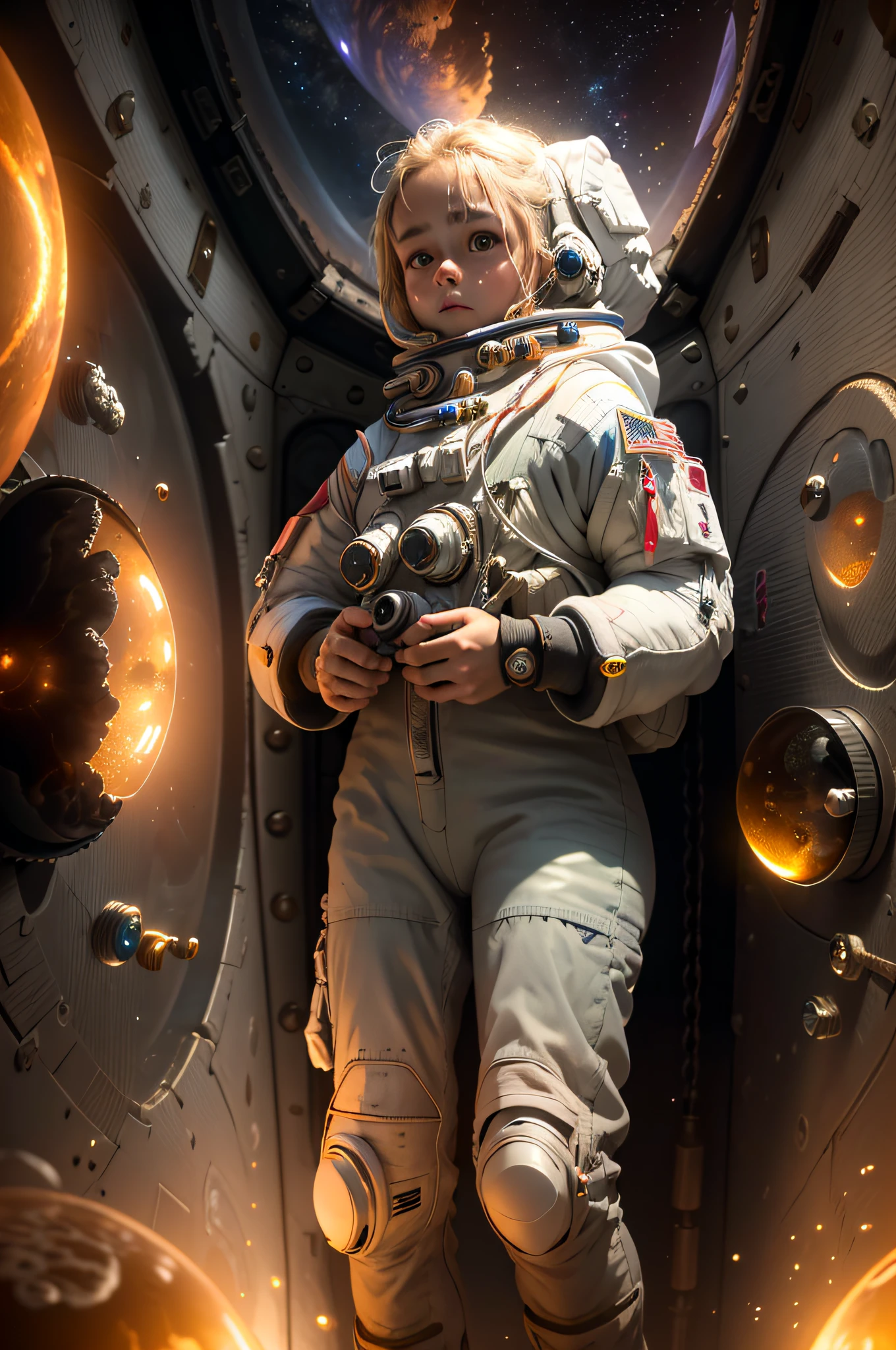 (Masterpiece, Best Quality:1.3), highres, (8k resolution), (ultra-detailed:1.1), madgod, stop motion, horror, 1 girl astronaut, glowing, in space, photorealistic, glowing:0.3, (details:1.2), volumetric lighting, (extremely detailed), bubble