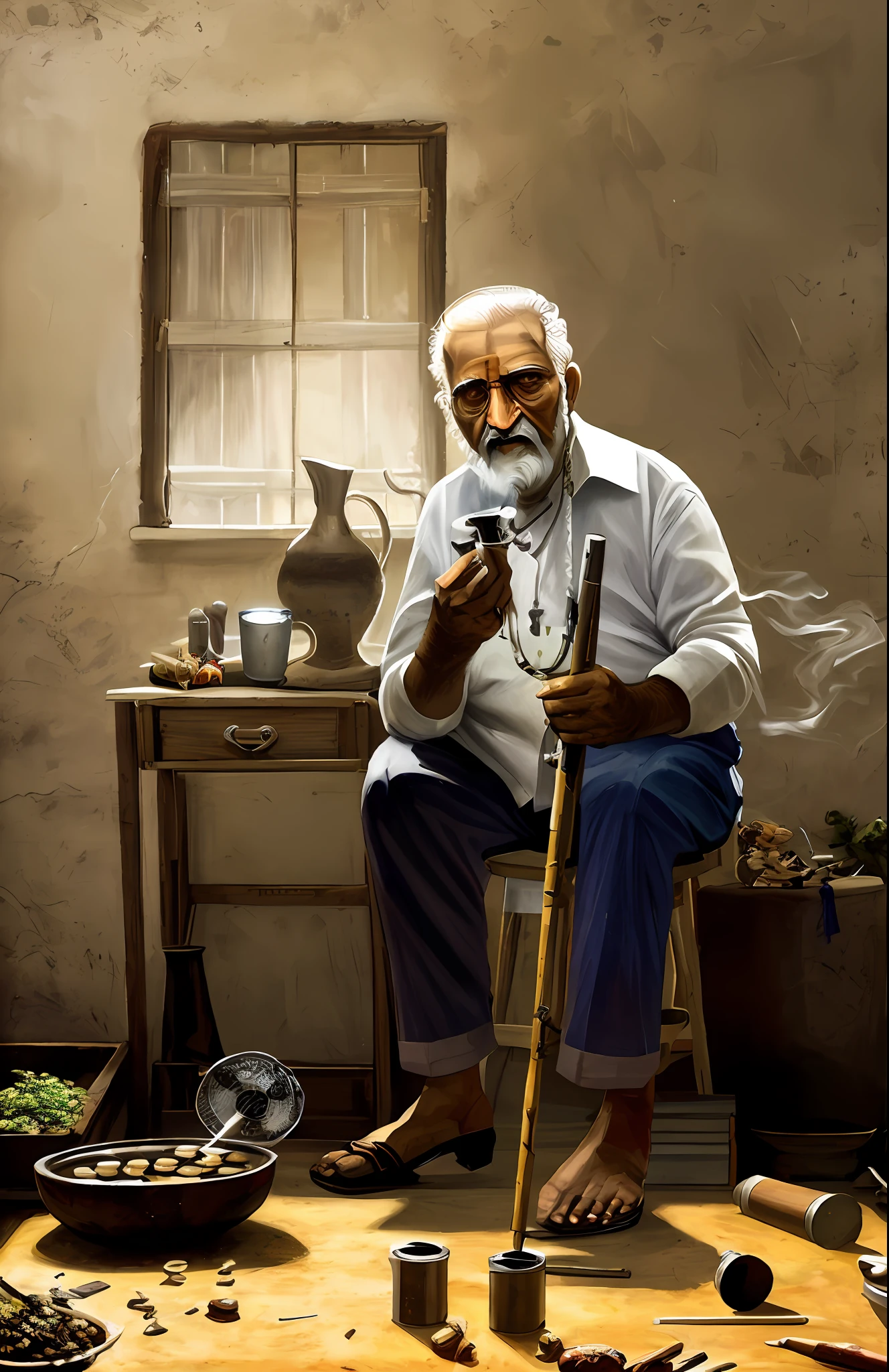 pintura de um homem sentado em uma cadeira fumando um cachimbo, inspirado em Bapu, inspirado em Abdur Rahman Chughtai, inspirado em Bholekar Srihari, um velho, um velho, por Bapu, Directed by: Santiago Martinez Delgado, inspired by Santiago Martinez Delgado, Arte de Pedro Bell, Directed by: Francisco Zúñiga